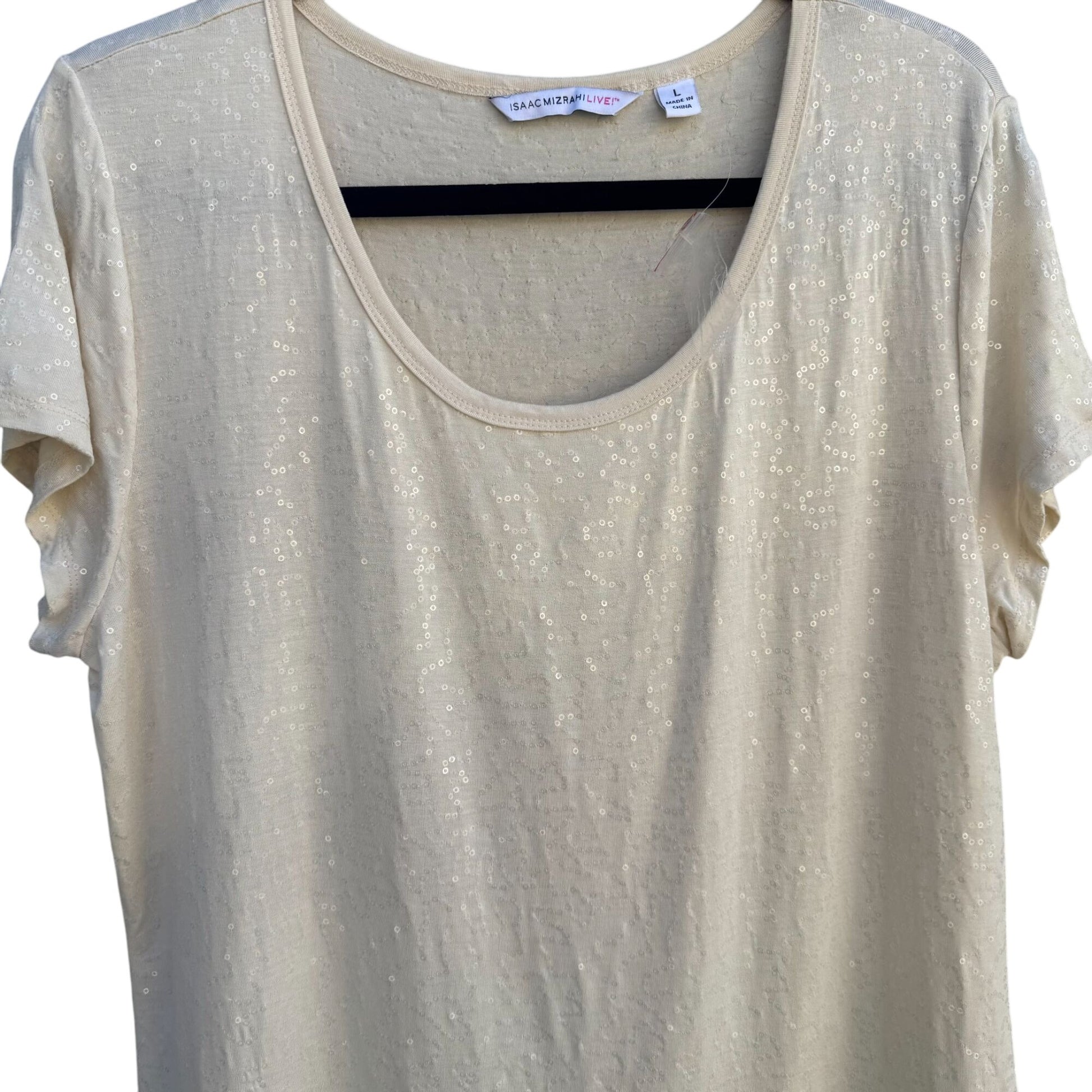 Isaac Mizrahi Live! Ivory Sequin Short Sleeve Scoop Neck Womens Party Shirt L