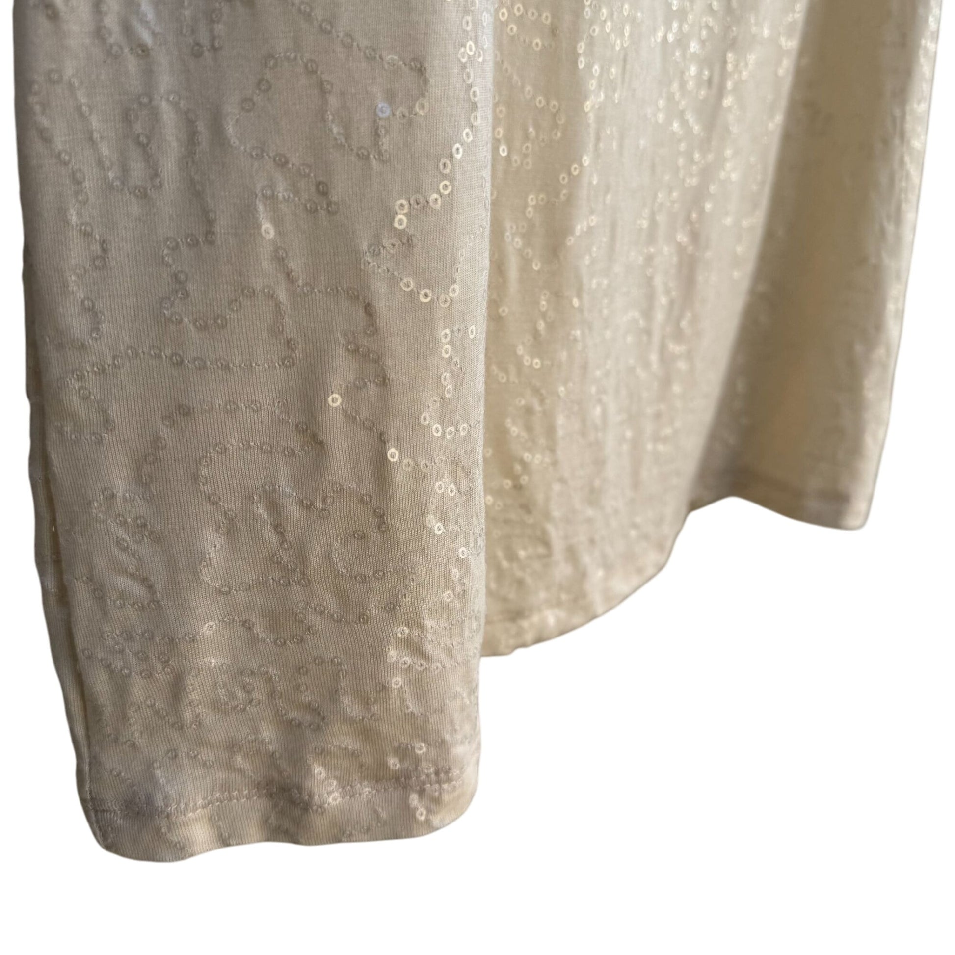 Isaac Mizrahi Live! Ivory Sequin Short Sleeve Scoop Neck Womens Party Shirt L