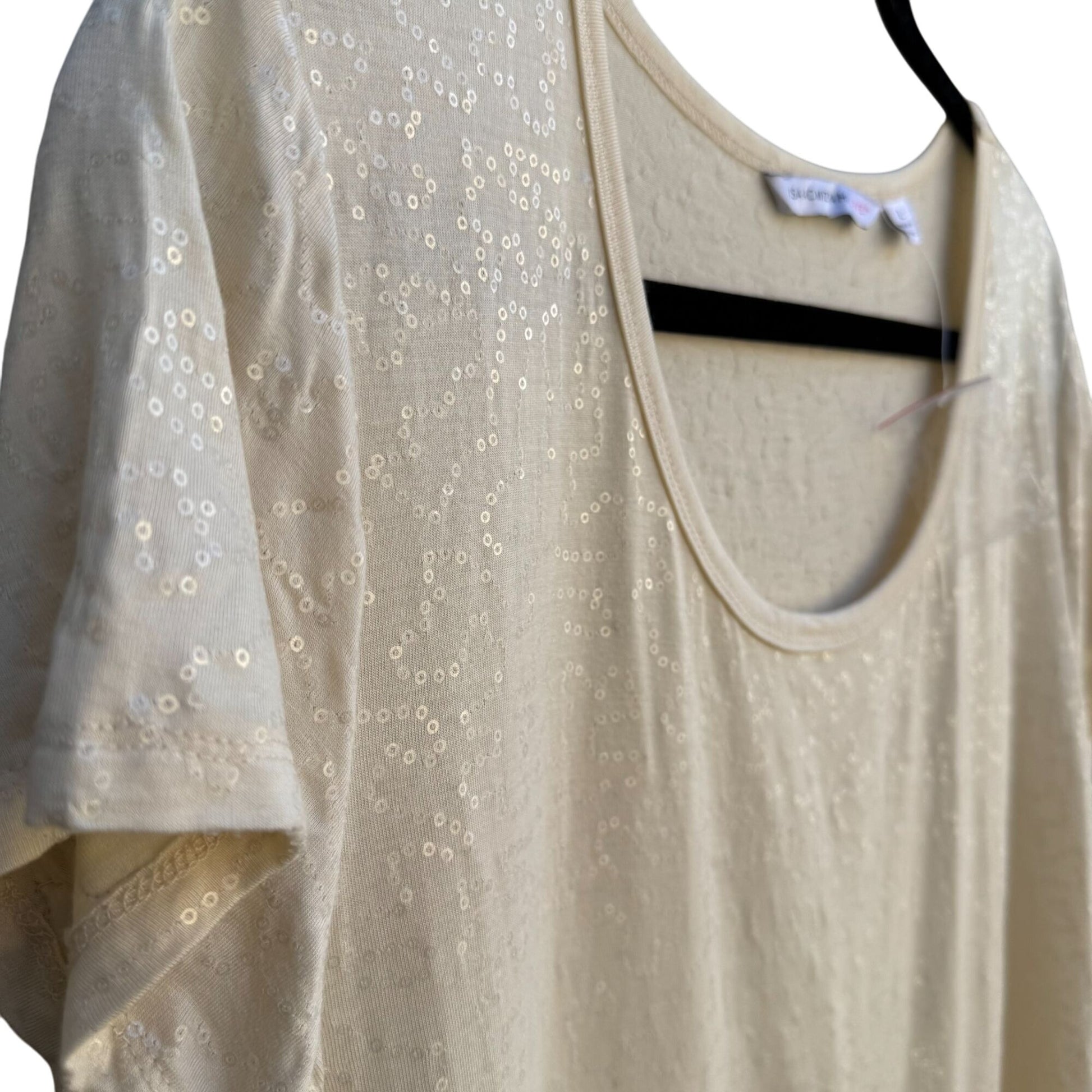 Isaac Mizrahi Live! Ivory Sequin Short Sleeve Scoop Neck Womens Party Shirt L