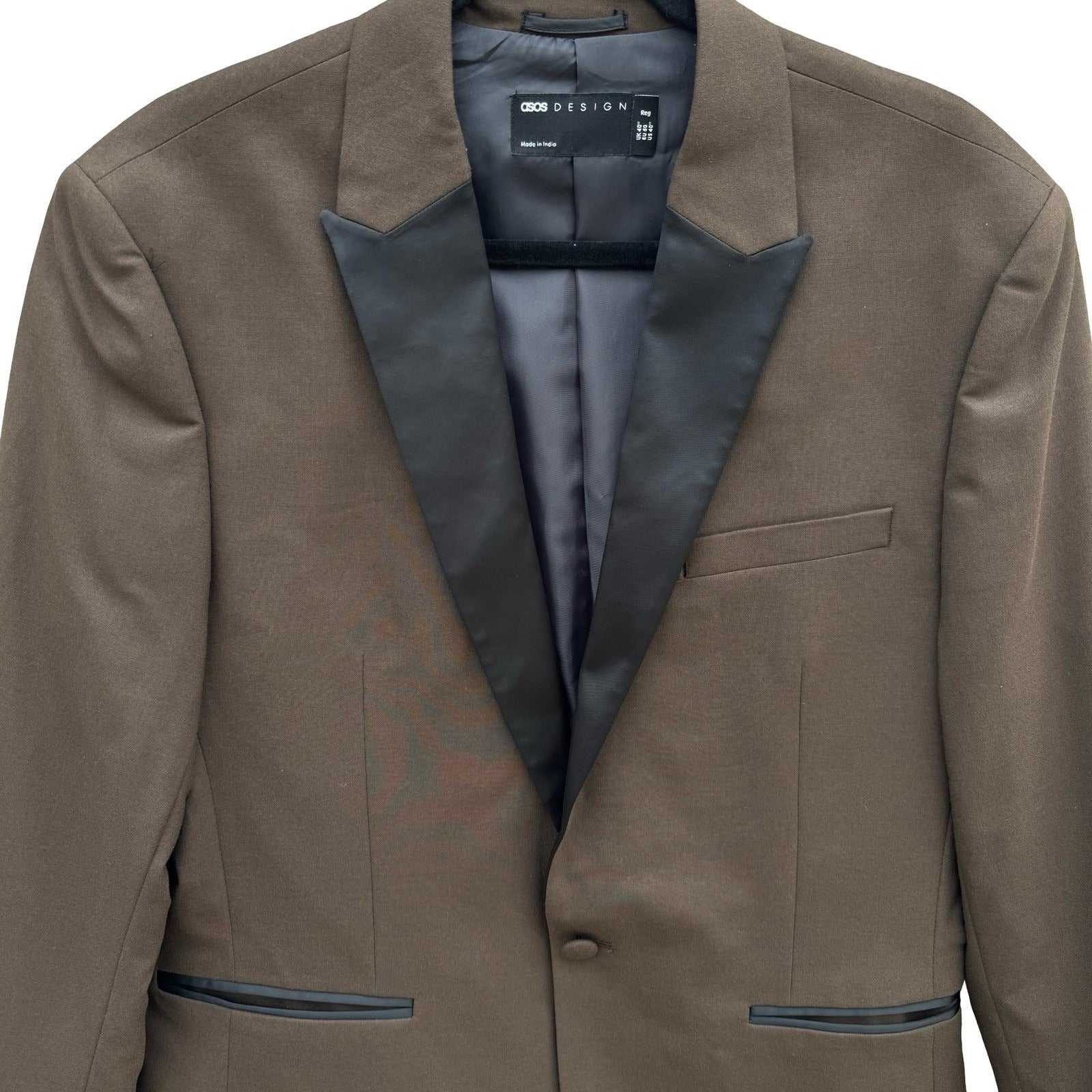 ASOS DESIGN Mens Brown Tuxedo Blazer Contrast Satin Peak Lapel 40 Formal Evening