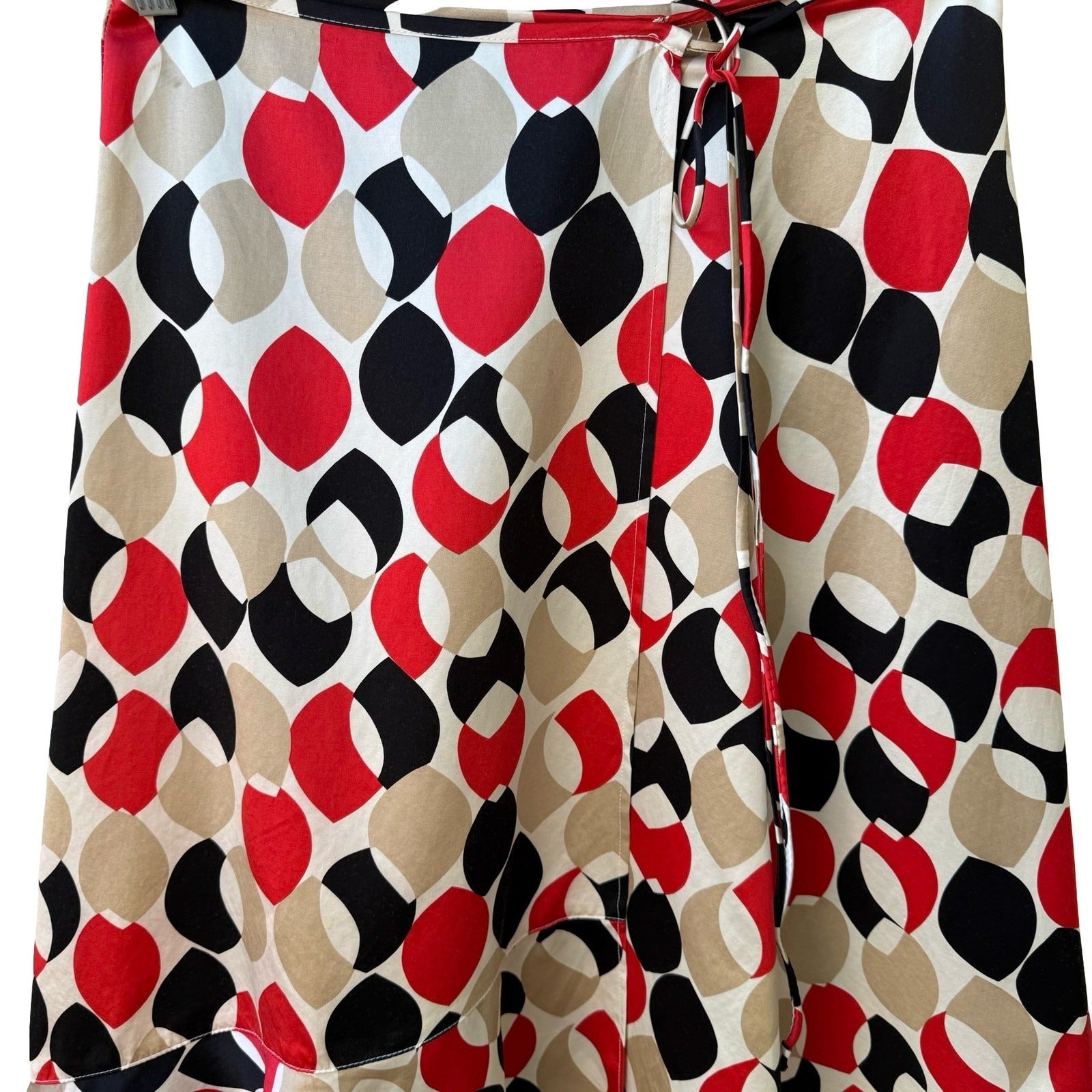 Mod Retro Parisian Designer Geometric Leaf Print Silk Wrap Midi Skirt Ruffle