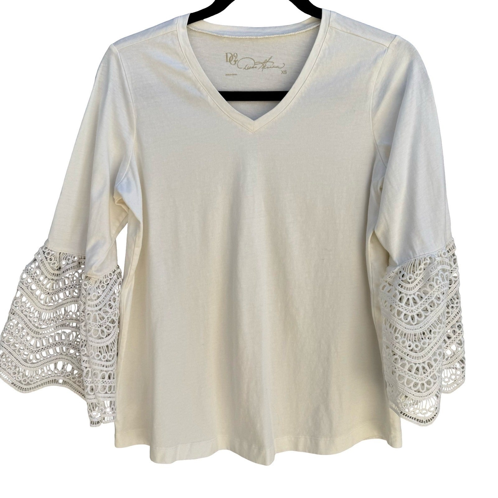 Diane Gilman Boho Coastal Peasant Top Crochet Bell Sleeve Ivory Cotton Women XS