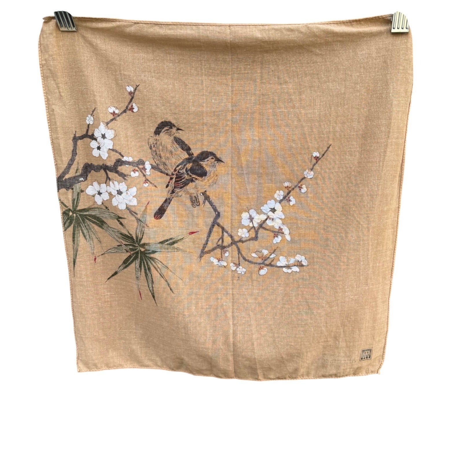 Ambassador Hotel Taiwan Vintage Bird Cherry Blossom Tan Handkerchief Scarf