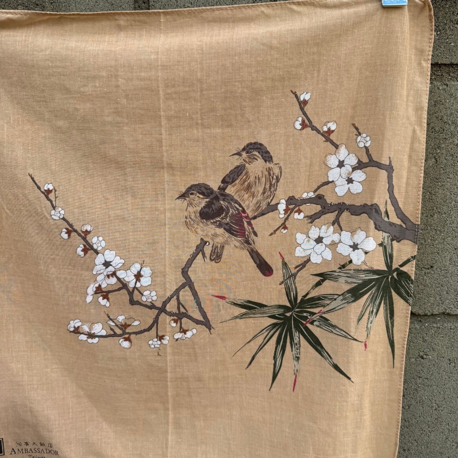 Ambassador Hotel Taiwan Vintage Bird Cherry Blossom Tan Handkerchief Scarf
