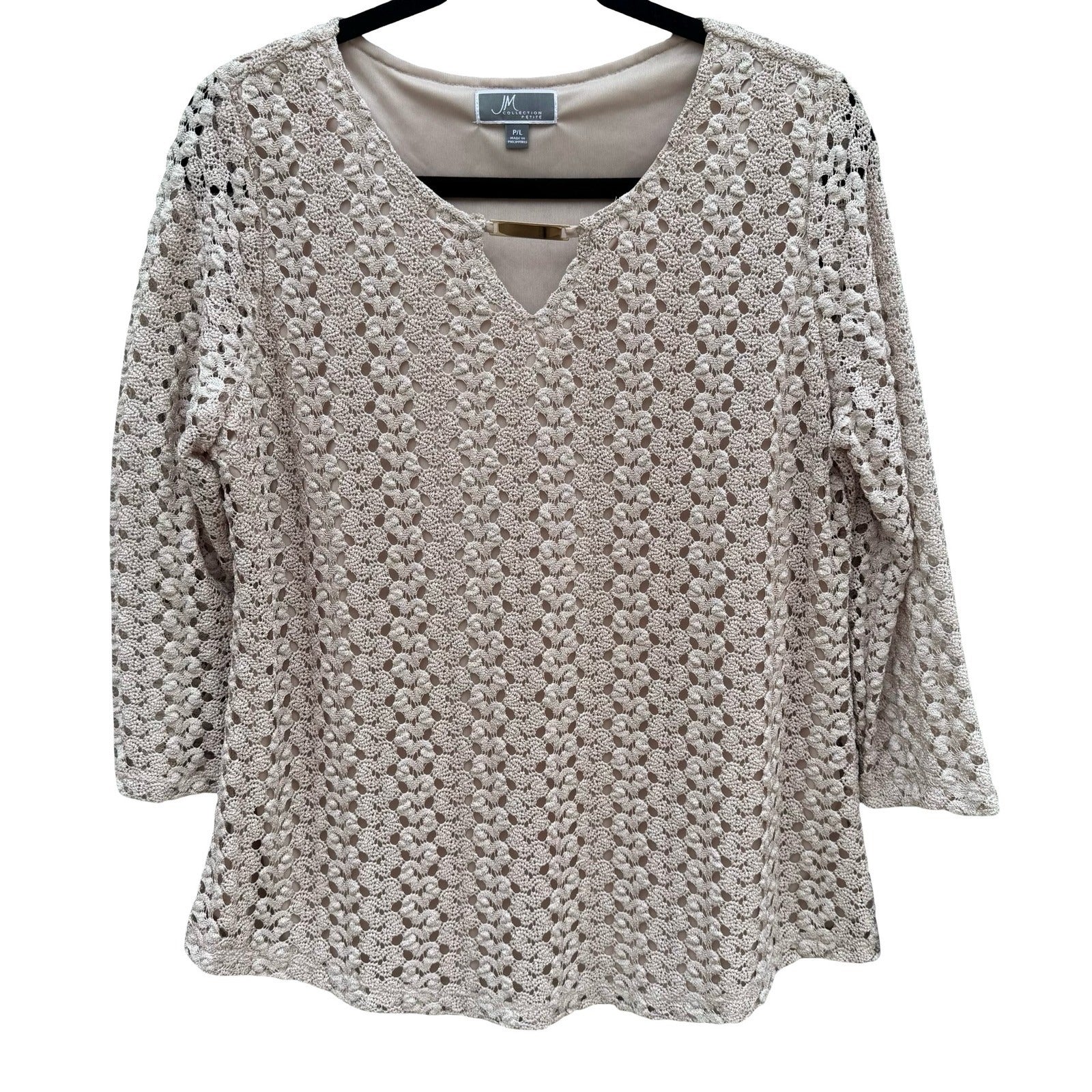 JM Collection Large Taupe Crochet V-Neck Top Gold Bar Accent NEW Boho Earthy