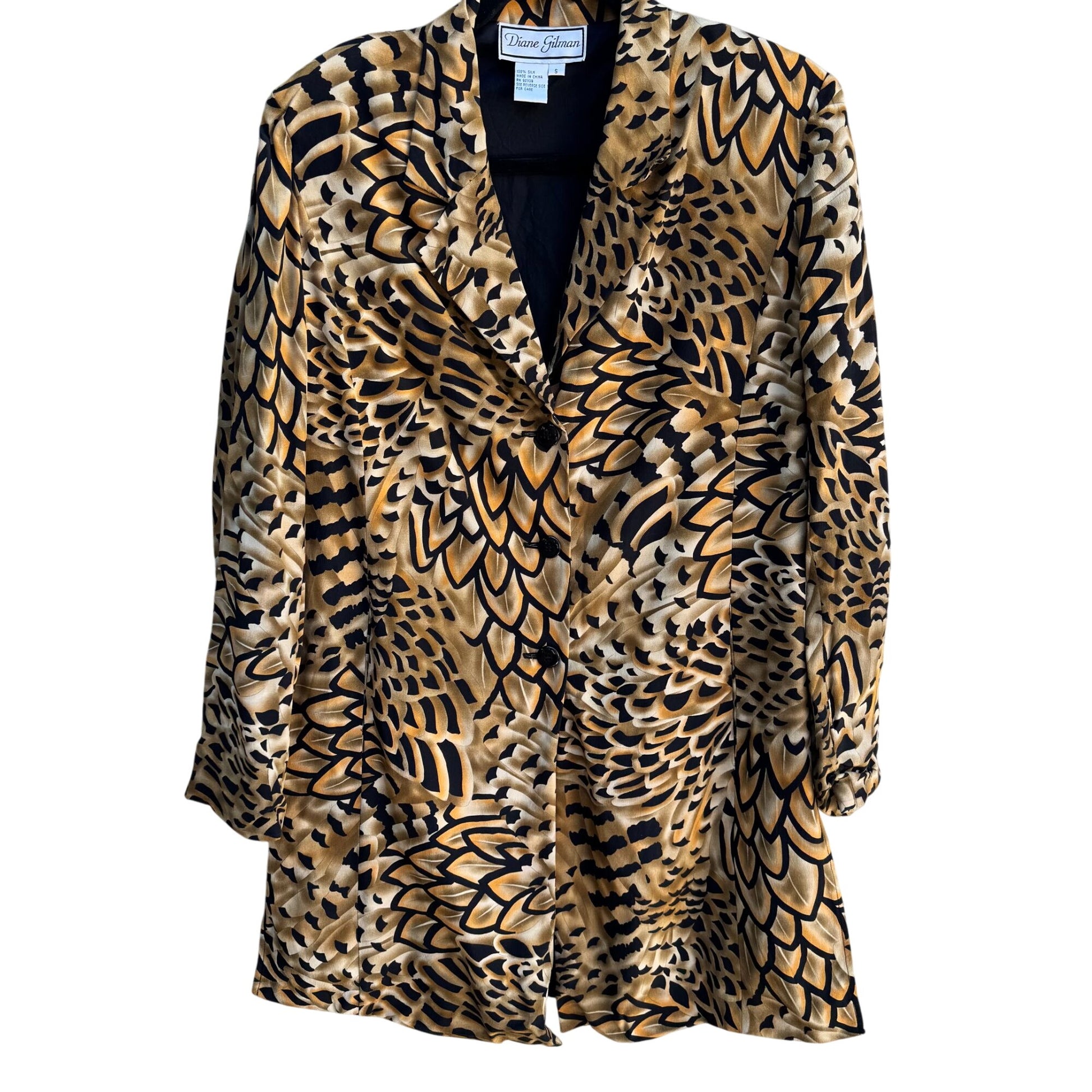 Diane Gilman Vintage Silk Abstract Feather Print Artsy Designer Blazer Jacket S