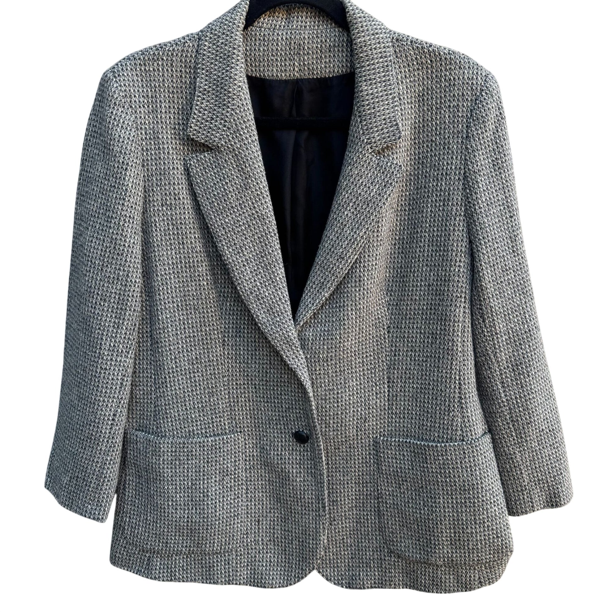 Vintage 80s Gray Herringbone Womens L Blazer Jacket Wool Tweed Leather Buttons