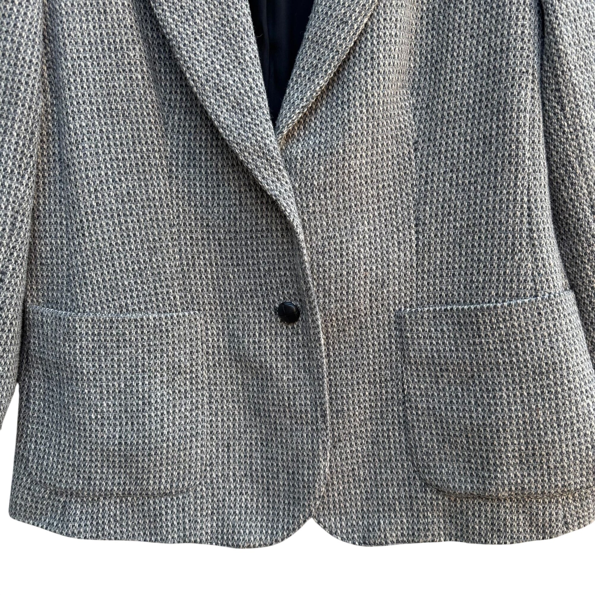 Vintage 80s Gray Herringbone Womens L Blazer Jacket Wool Tweed Leather Buttons