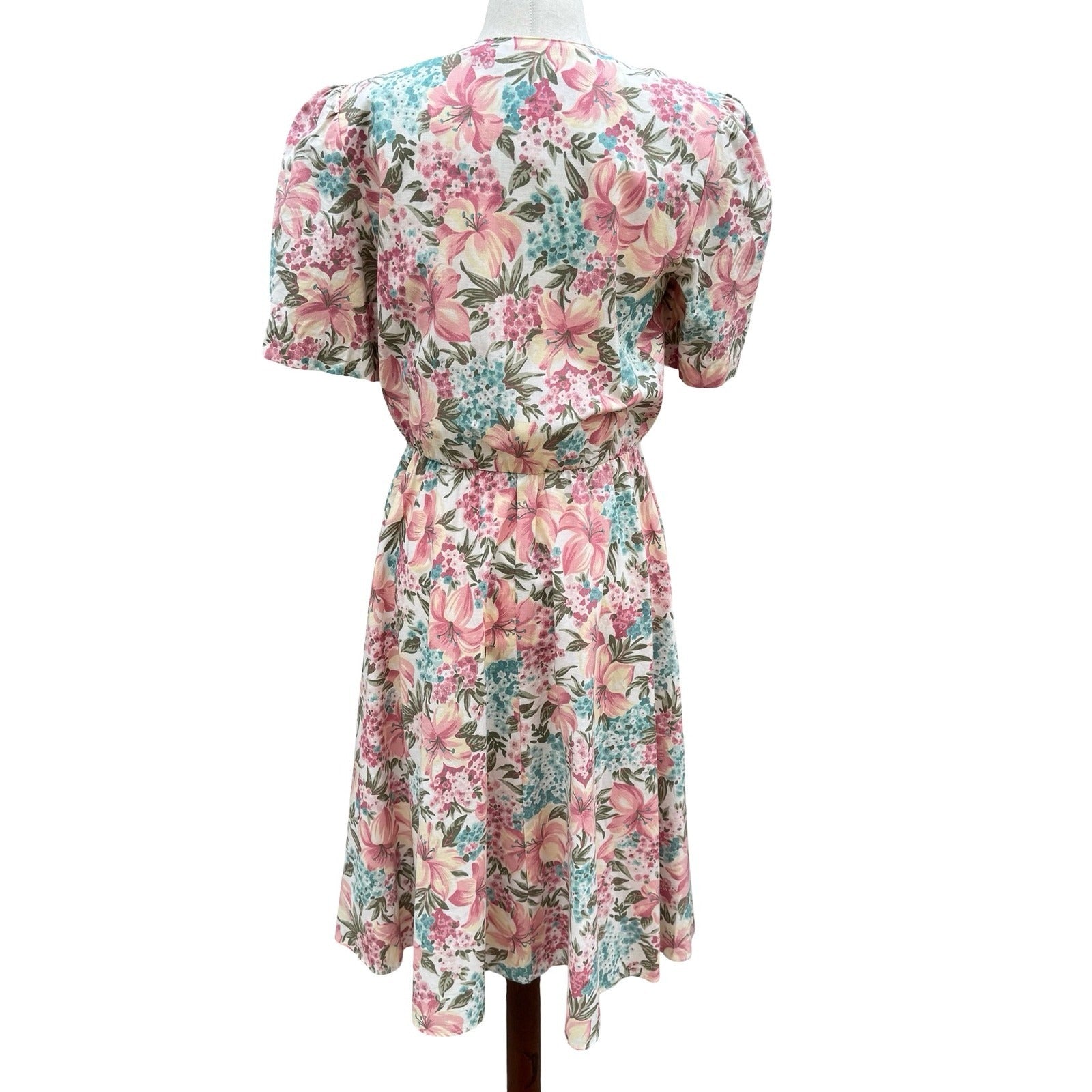 California Looks Vintage 80s Floral Midi Dress Pink Blue Cotton Petite 6P USA