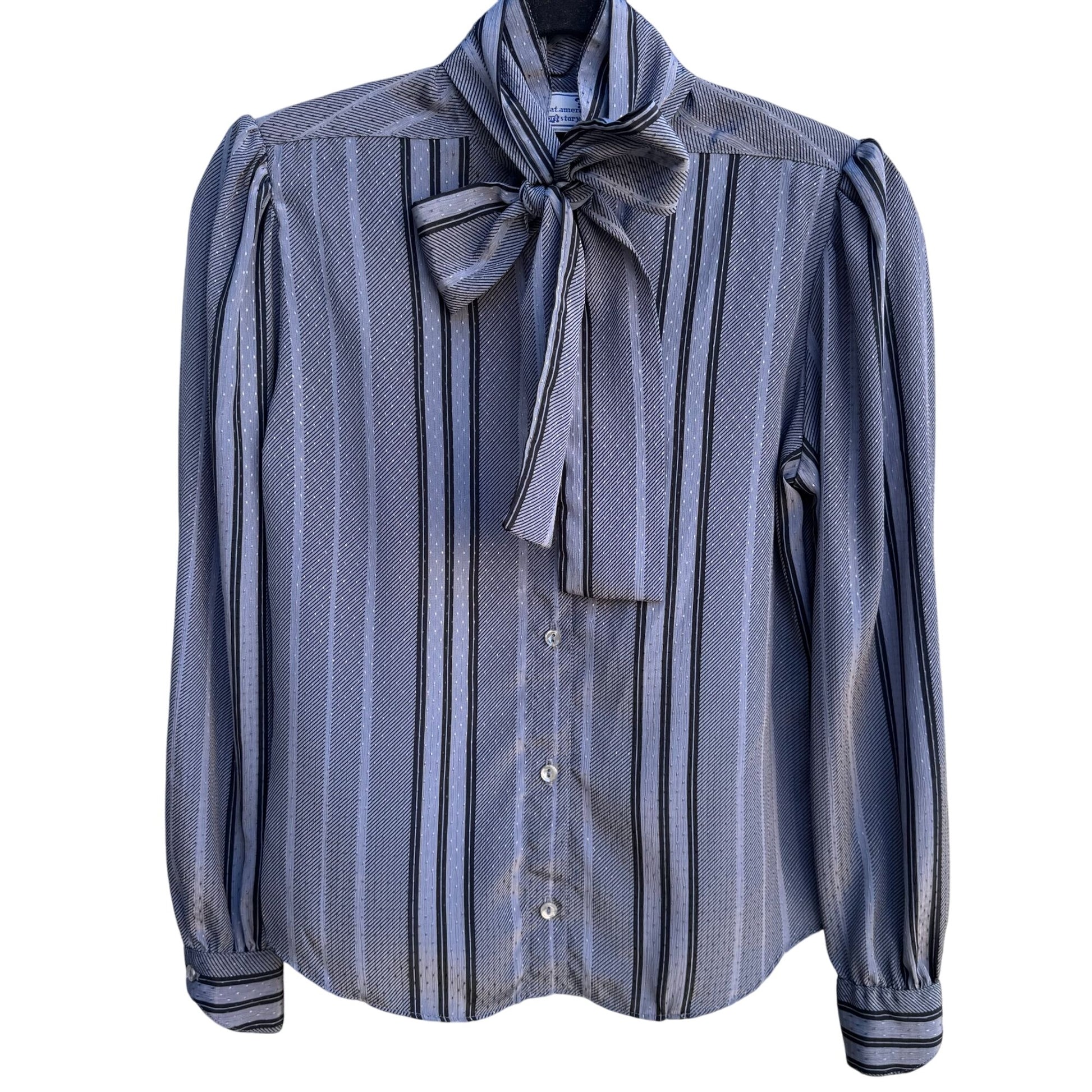 The Great American Short Story Vintage 70s Gray Striped Bow Puff Sleeve Blouse M