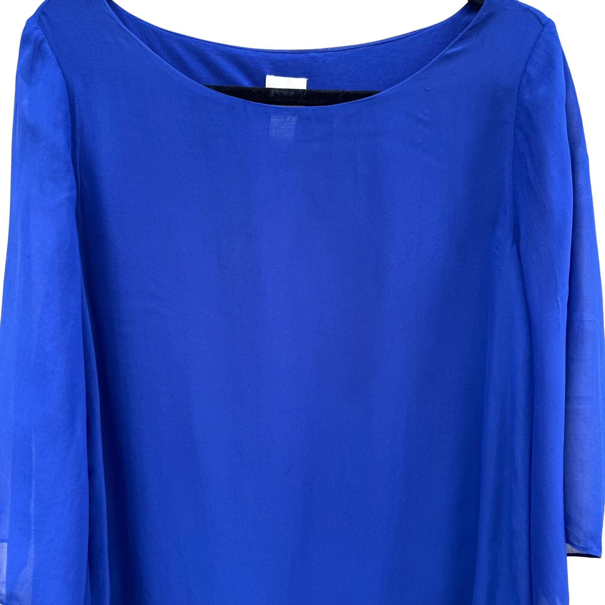 Chicos 1P Blue Semi Sheer Asymmetrical Flowy Bell Sleeve Chiffon Blouse Women