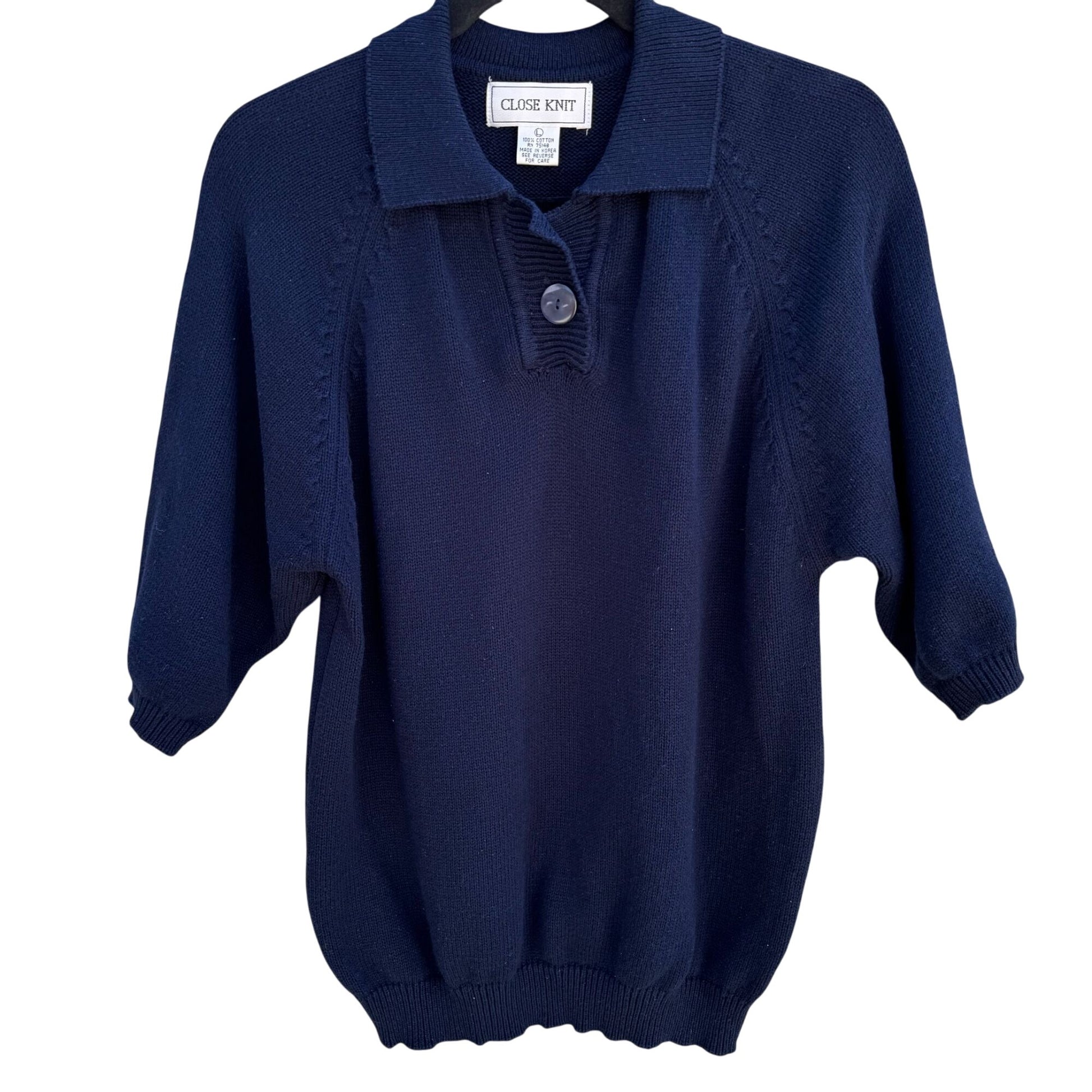 Close Knit Vintage Womens Navy Blue Knit Polo Collar Quarter Sleeves Sweater L