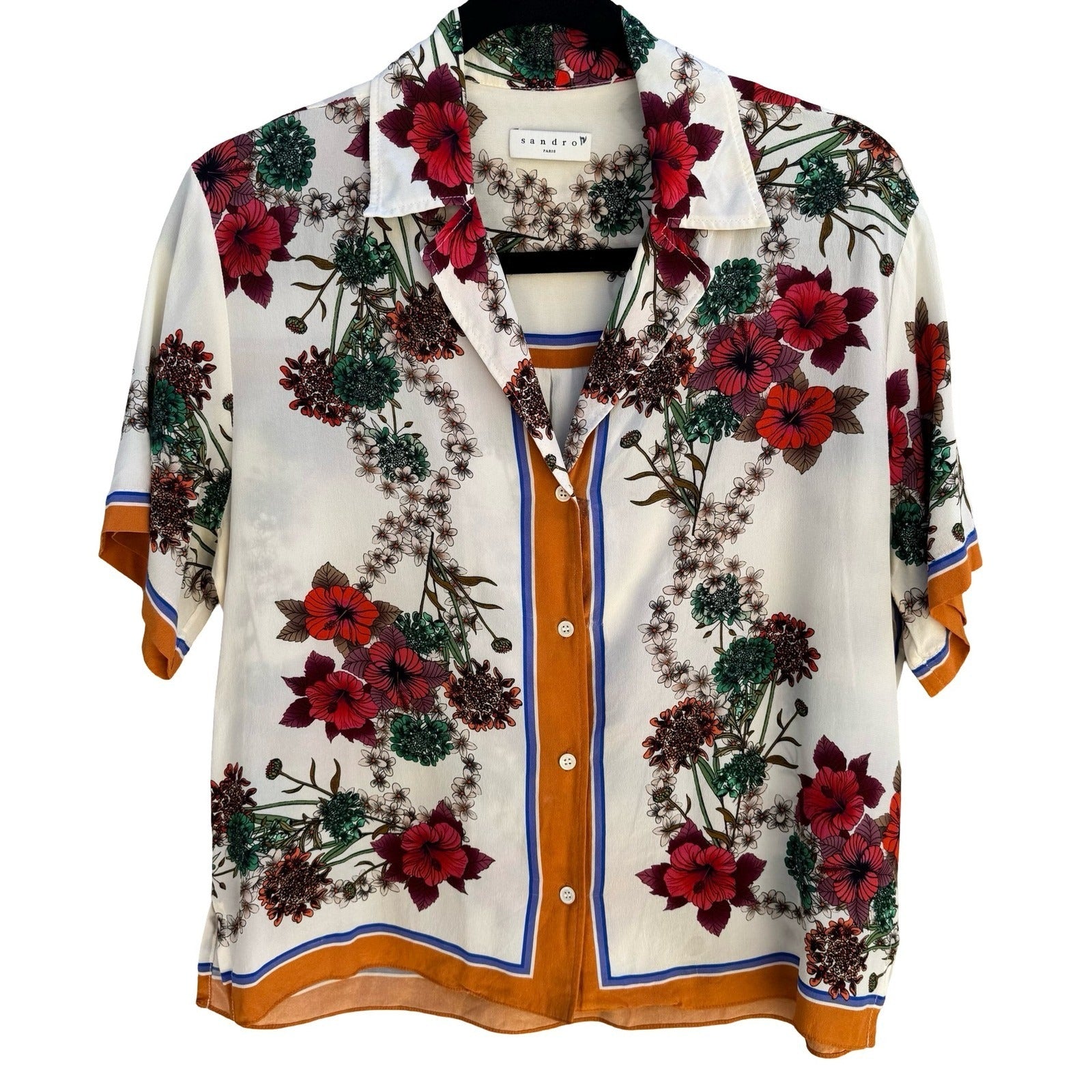 Sandro Paris Silk Resortwear Tropical Hibiscus Boho Beachy Luxury Shirt Womens L