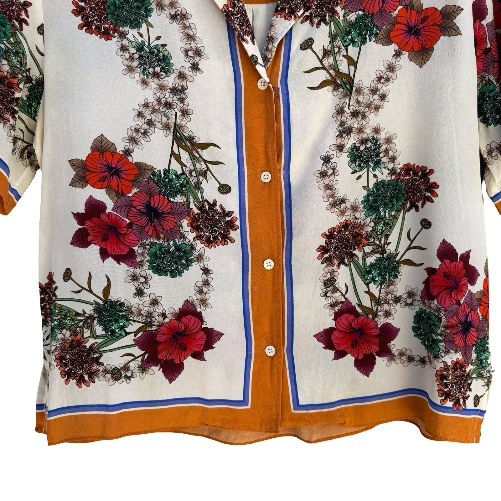 Sandro Paris Silk Resortwear Tropical Hibiscus Boho Beachy Luxury Shirt Womens L