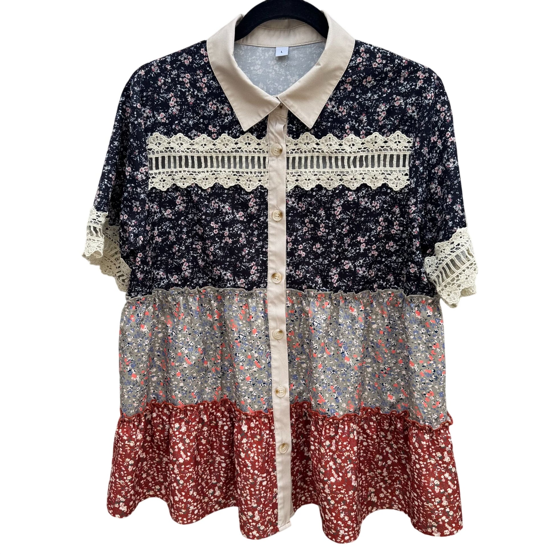 Vintage-Inspired Womens Floral Patchwork Tiered Layered Tunic Top Lace Trim Boho
