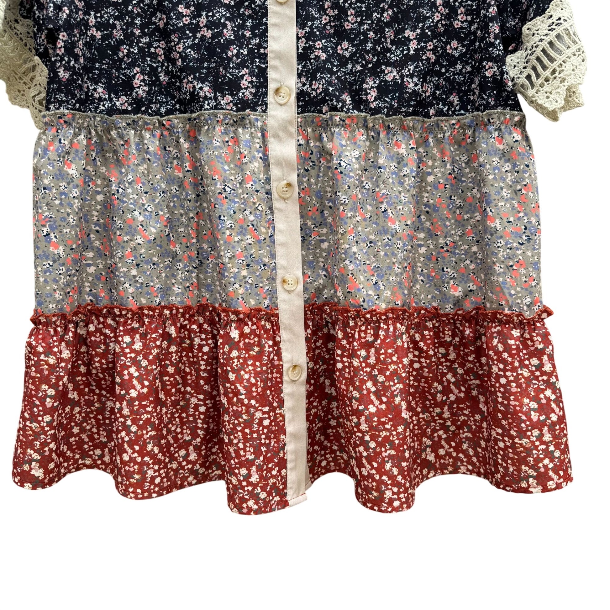 Vintage-Inspired Womens Floral Patchwork Tiered Layered Tunic Top Lace Trim Boho
