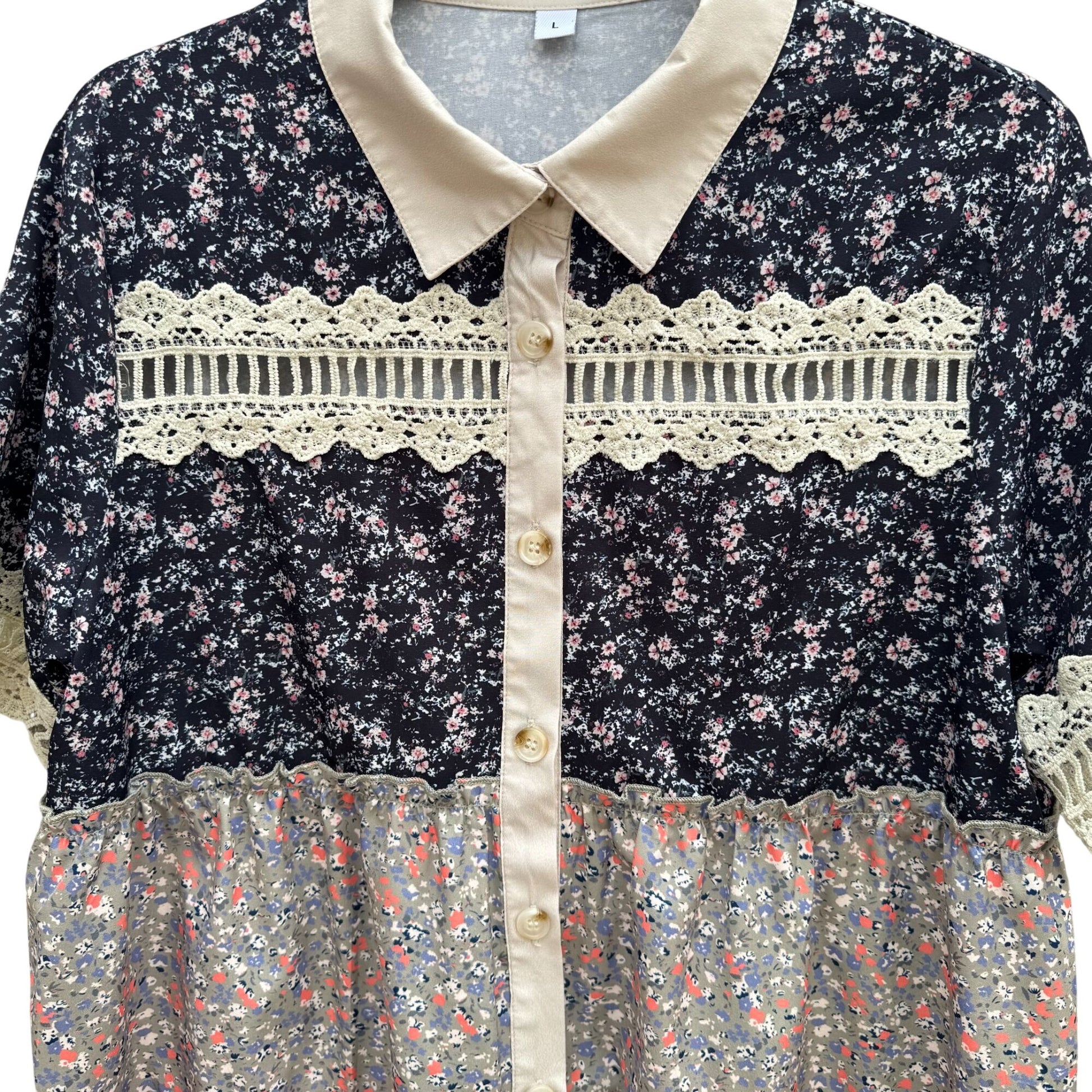 Vintage-Inspired Womens Floral Patchwork Tiered Layered Tunic Top Lace Trim Boho