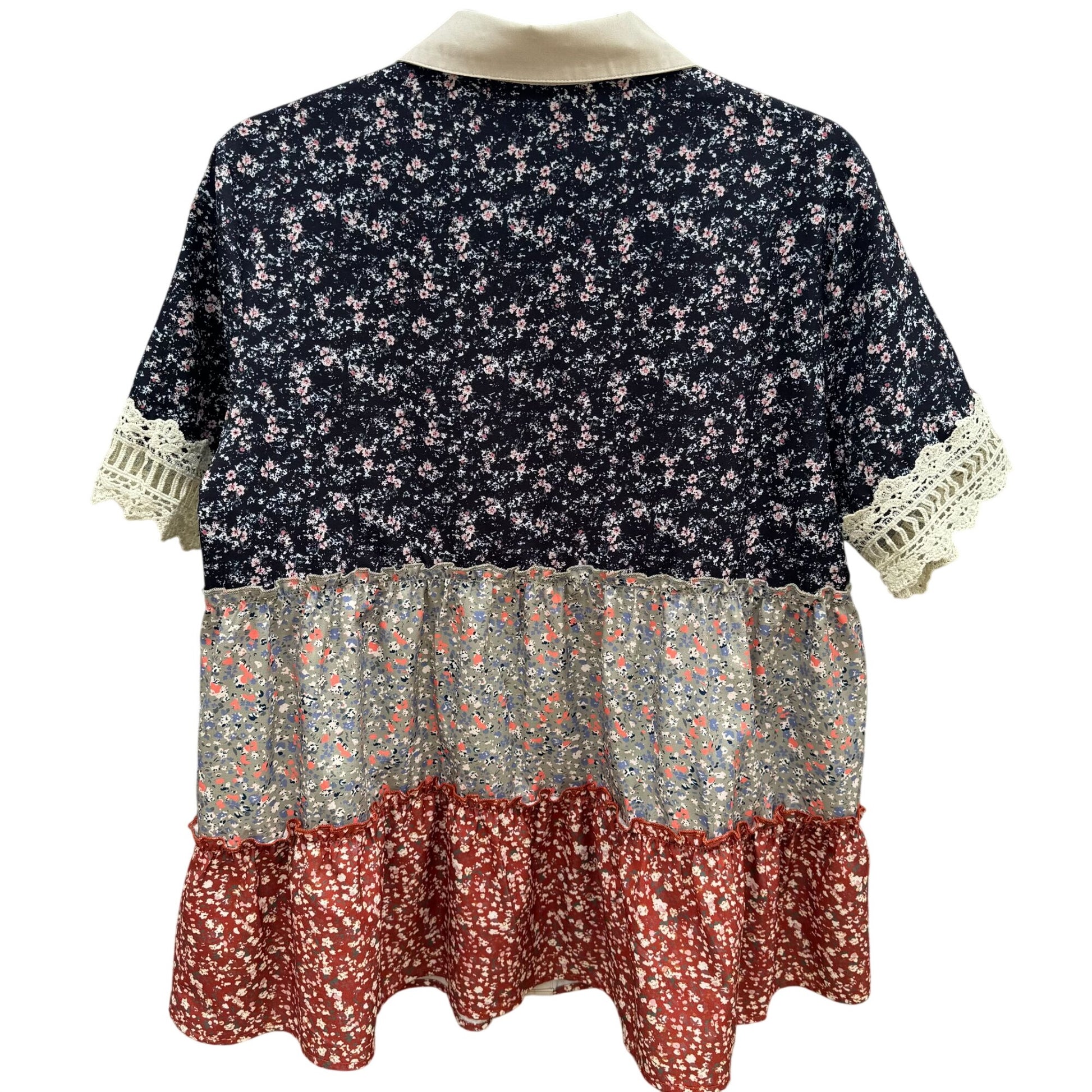 Vintage-Inspired Womens Floral Patchwork Tiered Layered Tunic Top Lace Trim Boho
