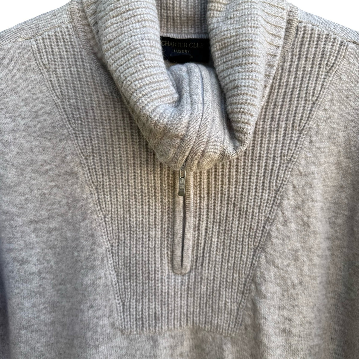 Charter Club 100% Cashmere Quiet Luxury Quarter Zip Roll Neck Sweater Tan M