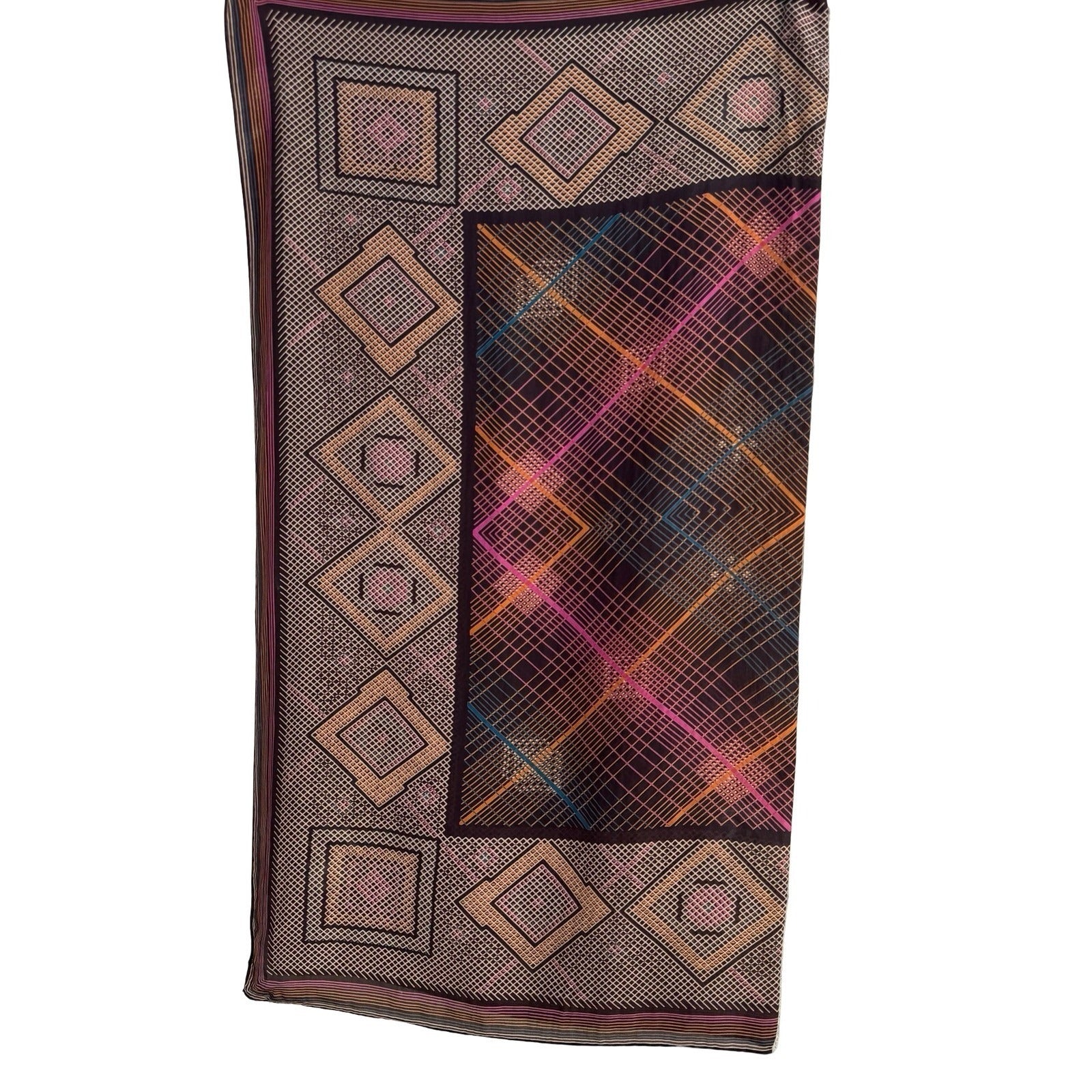 Vintage Geometric Diamond Grid Silk Scarf Brown Orange Pink Hand Rolled Edge
