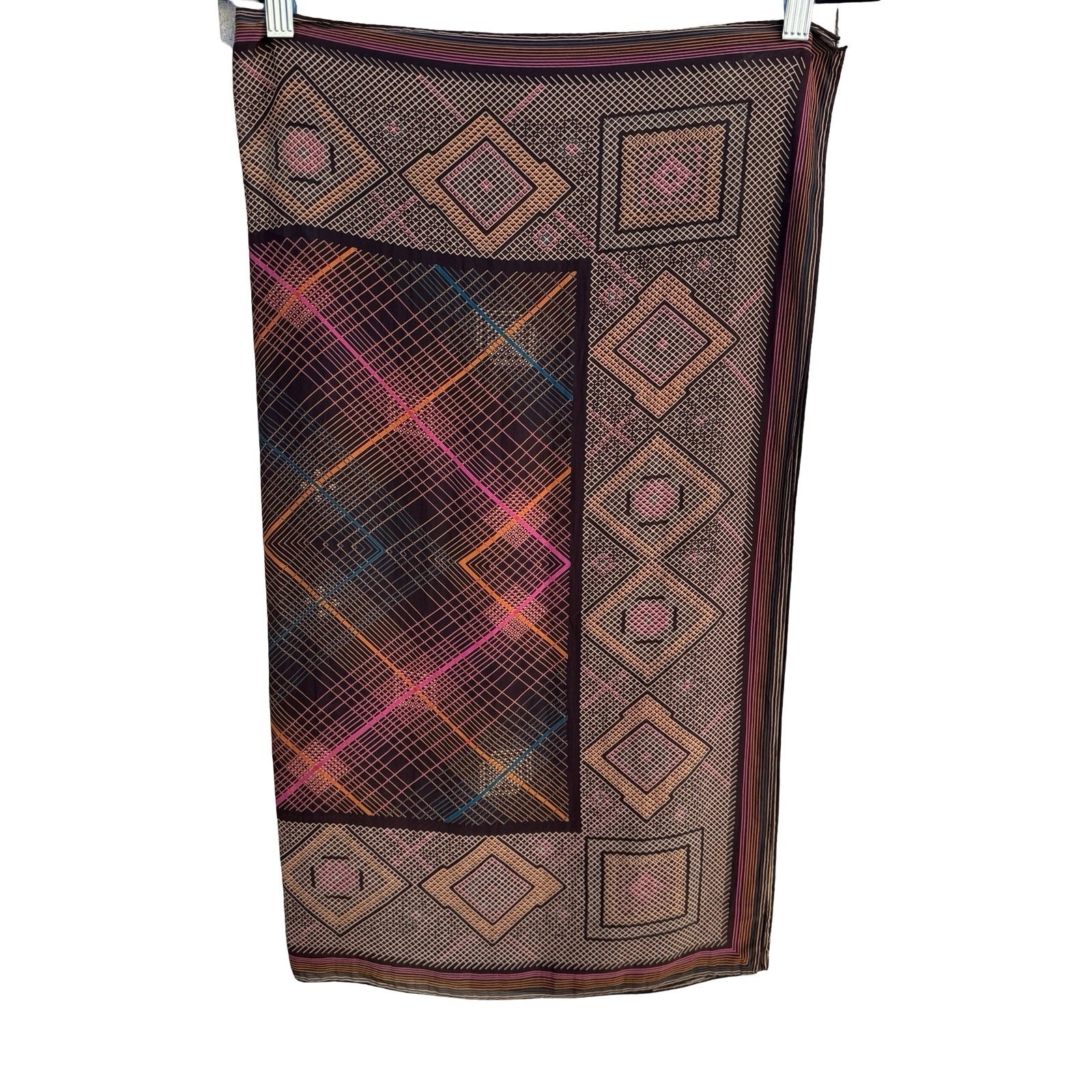 Vintage Geometric Diamond Grid Silk Scarf Brown Orange Pink Hand Rolled Edge