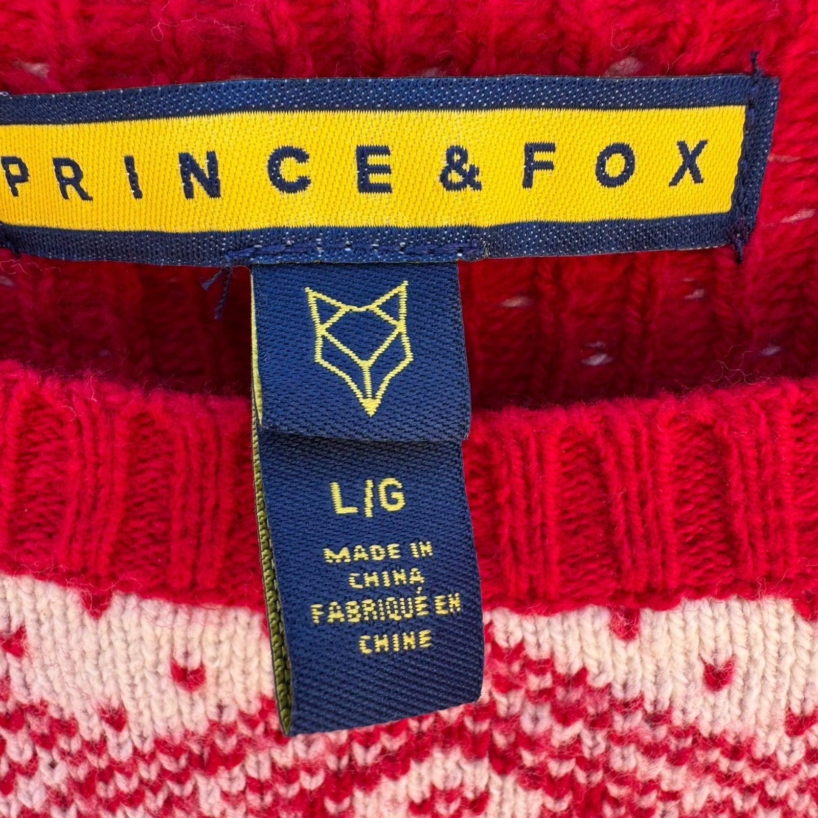 Prince & Fox Mens Large Red Fair Isle Reindeer Snowflake Nordic Knit Sweater NEW