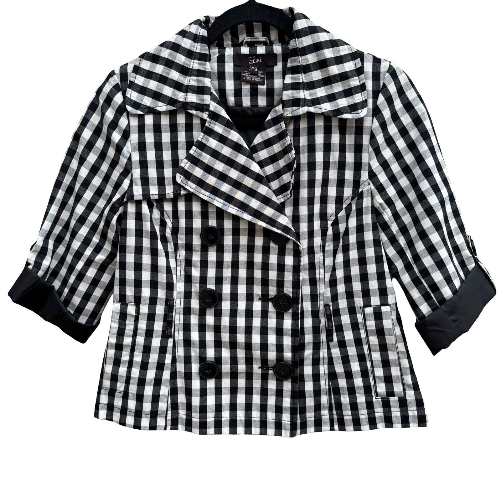 Luii Womens Gingham Double Breasted Cropped Jacket Black White 3/4 Sleeve PS