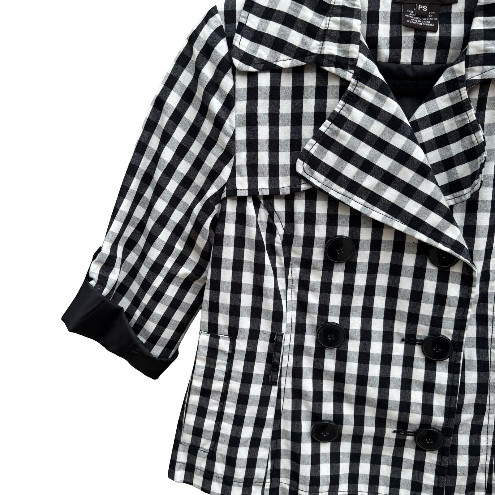 Luii Womens Gingham Double Breasted Cropped Jacket Black White 3/4 Sleeve PS