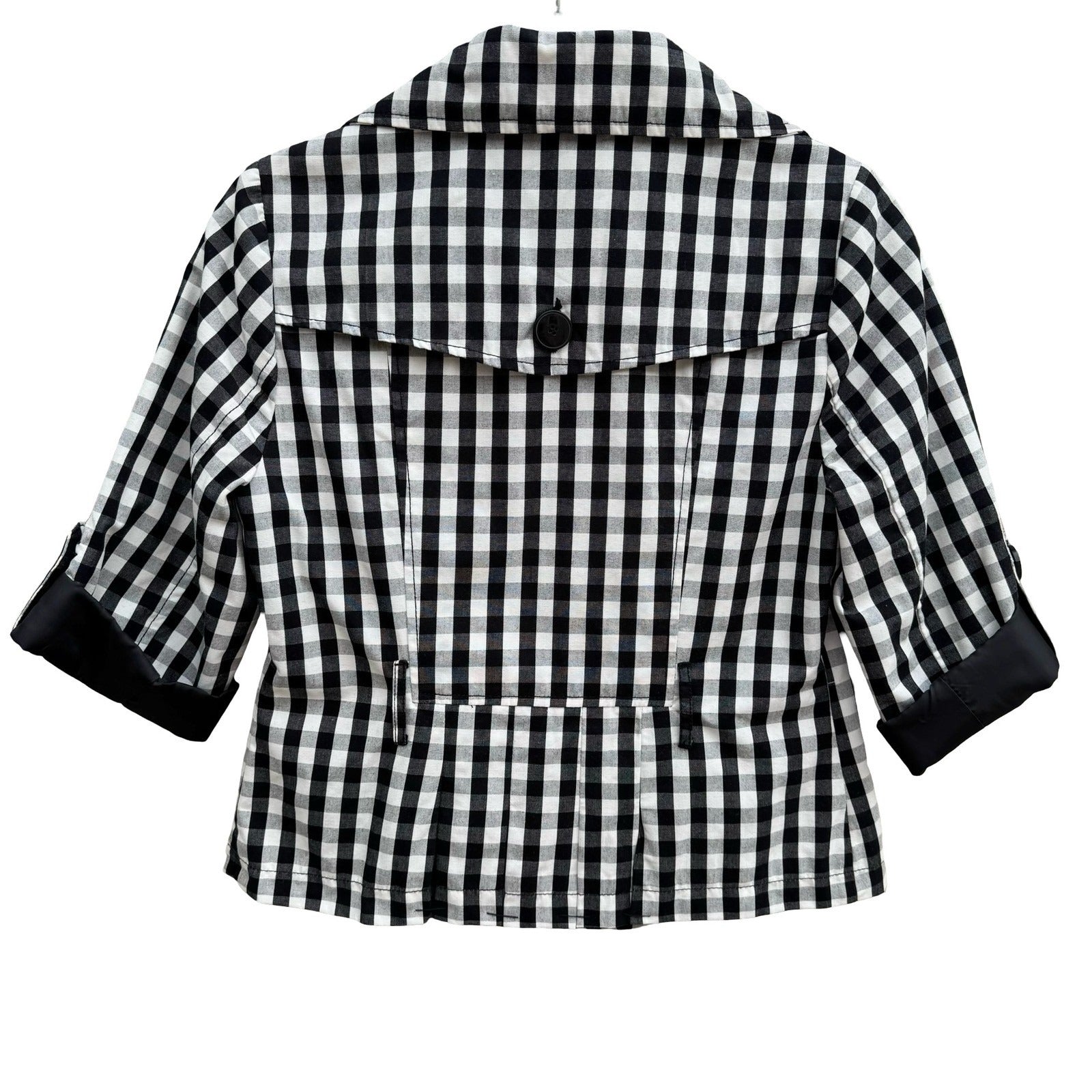 Luii Womens Gingham Double Breasted Cropped Jacket Black White 3/4 Sleeve PS