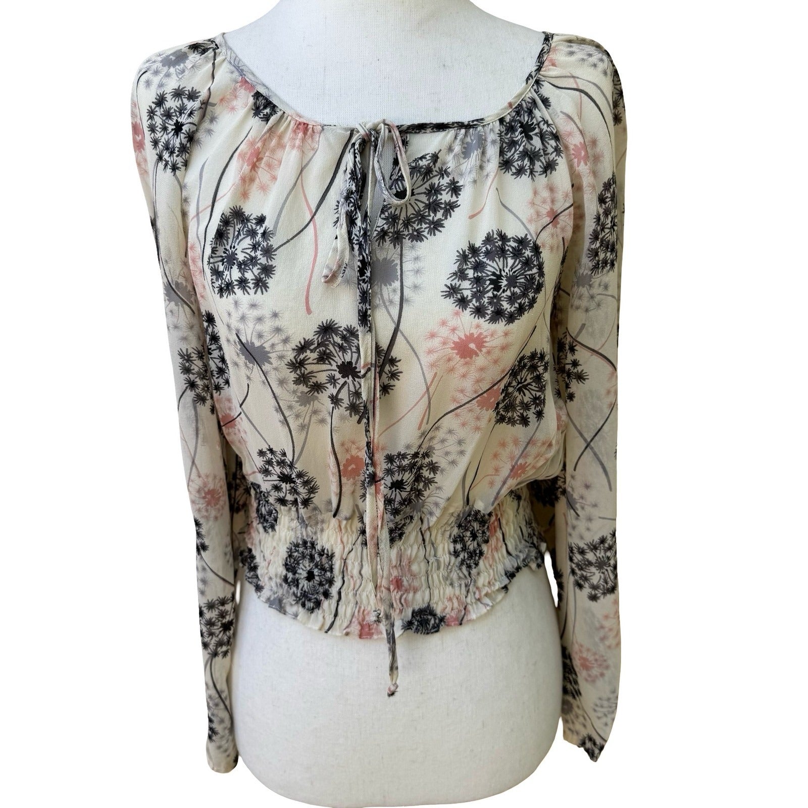 Boho Sheer Ethereal Fairy Dandelion Print Crop Blouse Bell Sleeve Smocked Waist