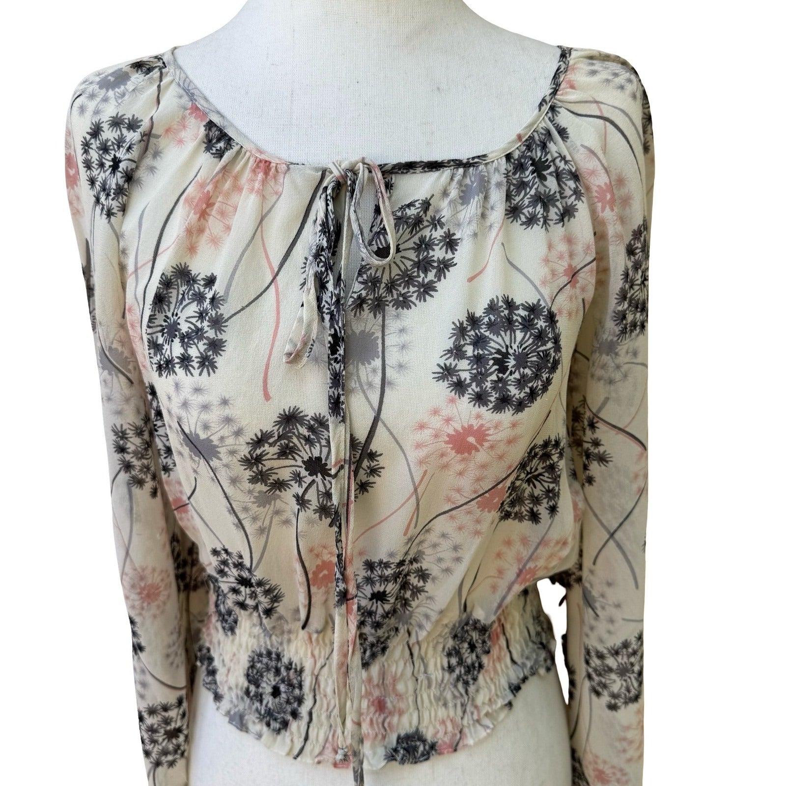 Boho Sheer Ethereal Fairy Dandelion Print Crop Blouse Bell Sleeve Smocked Waist