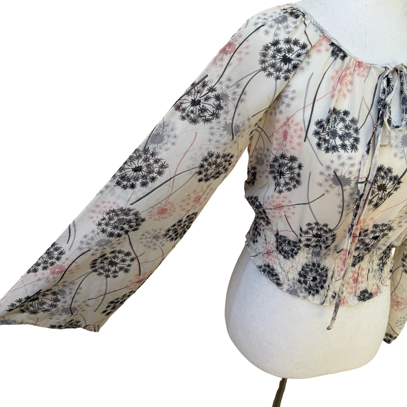 Boho Sheer Ethereal Fairy Dandelion Print Crop Blouse Bell Sleeve Smocked Waist