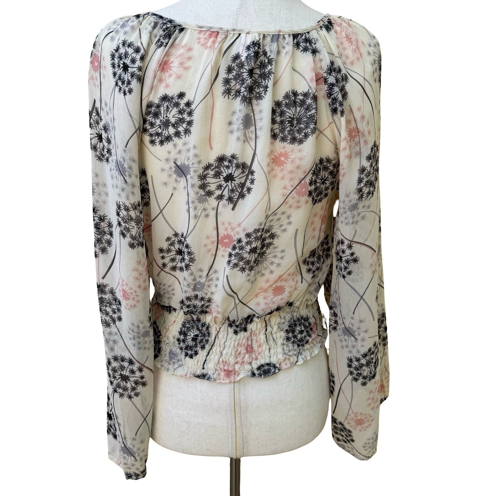 Boho Sheer Ethereal Fairy Dandelion Print Crop Blouse Bell Sleeve Smocked Waist