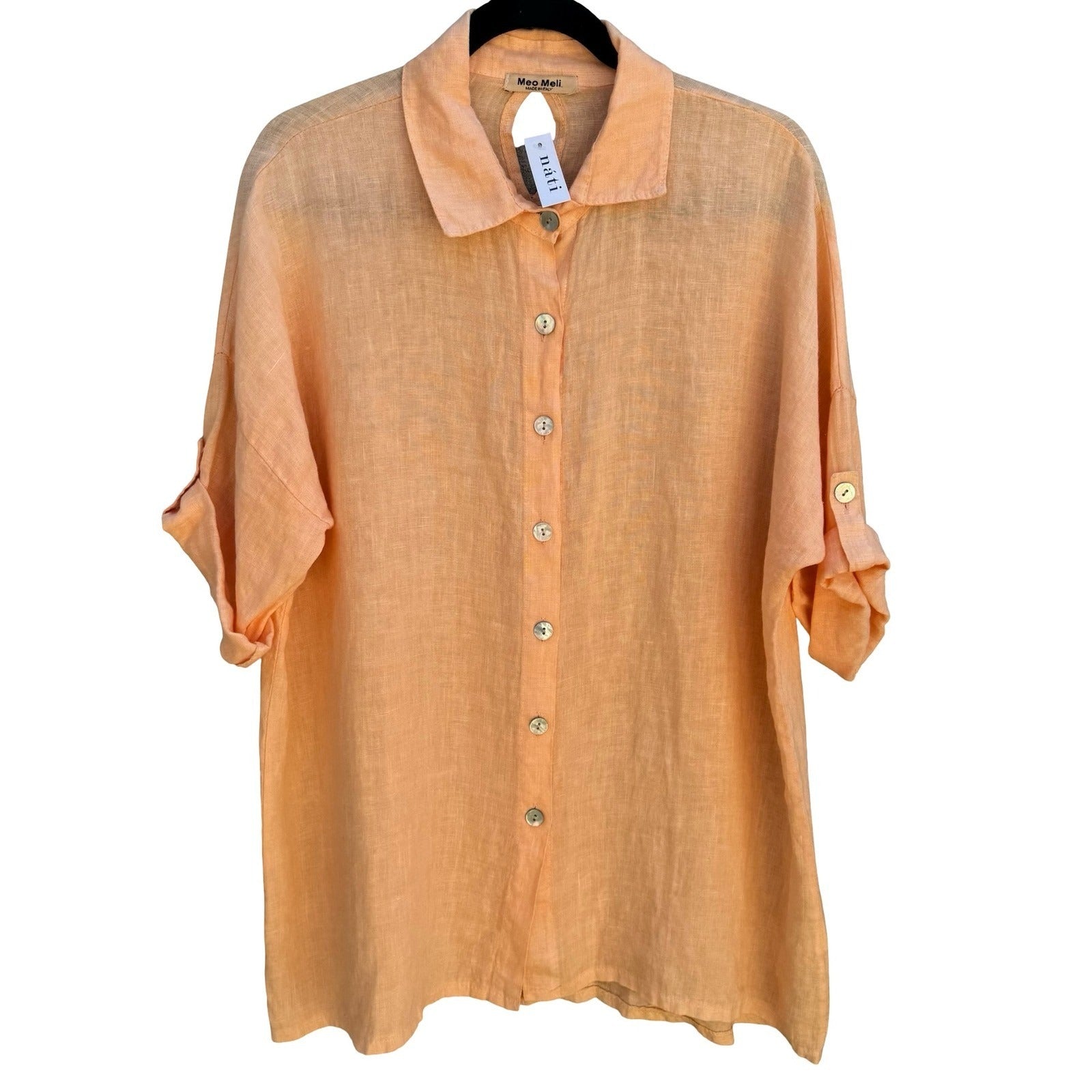 Meo Meli Italy 100% Linen Coastal Lagenlook Resortwear Shirt Peach Cutout OS NEW
