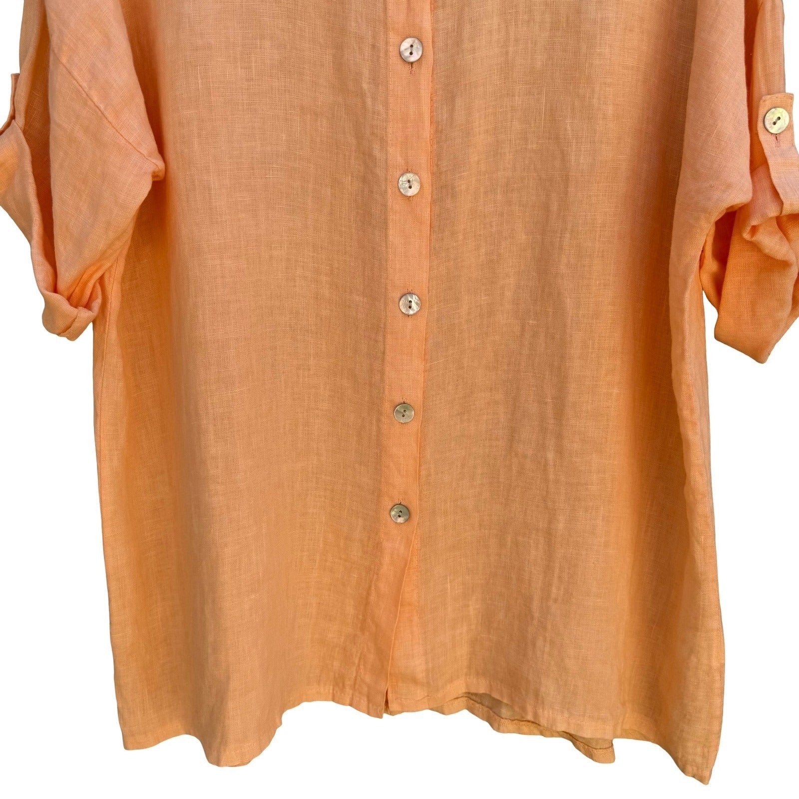 Meo Meli Italy 100% Linen Coastal Lagenlook Resortwear Shirt Peach Cutout OS NEW