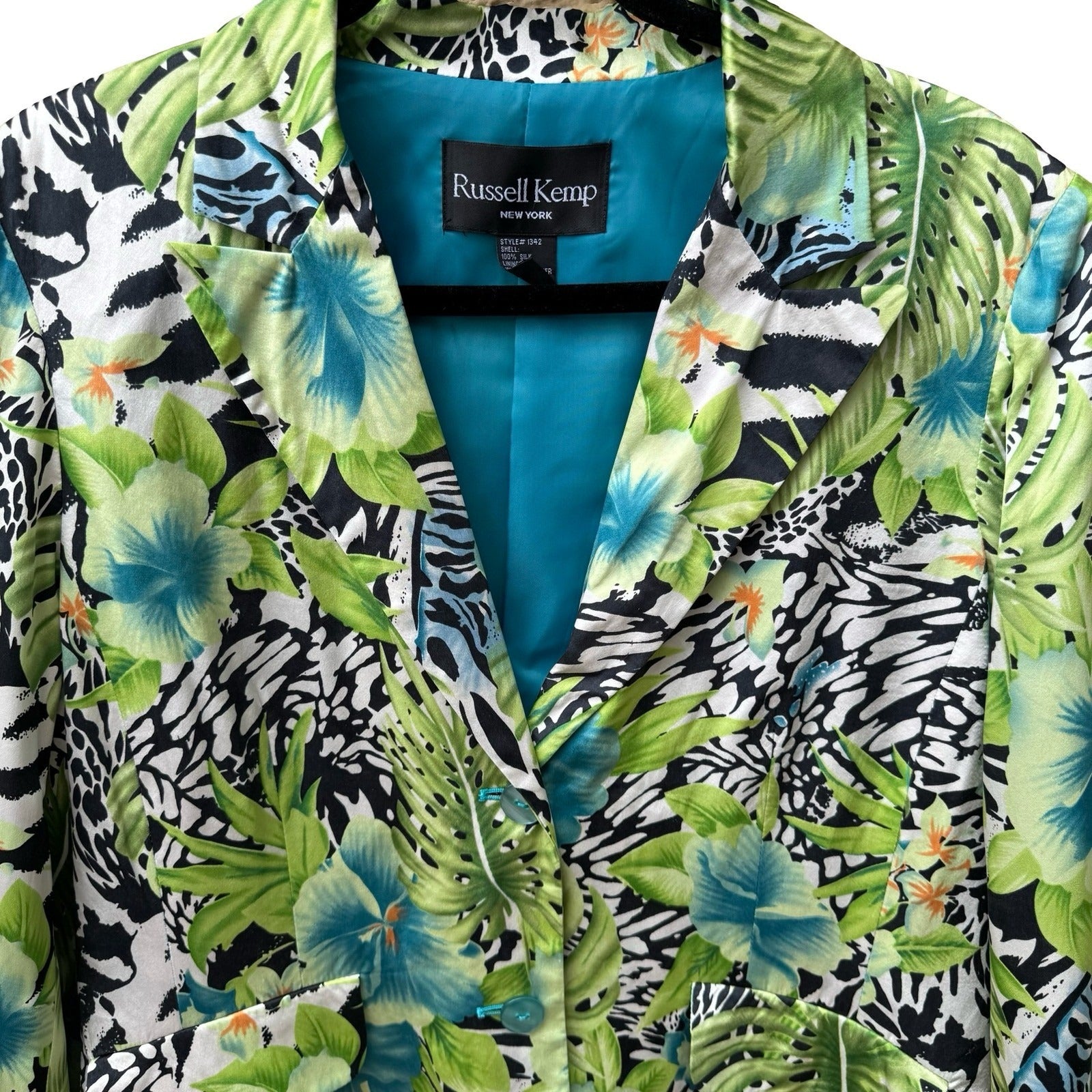 Russell Kemp Y2K Silk Maximalist Resort Tropical Floral Animal Print Blazer 14