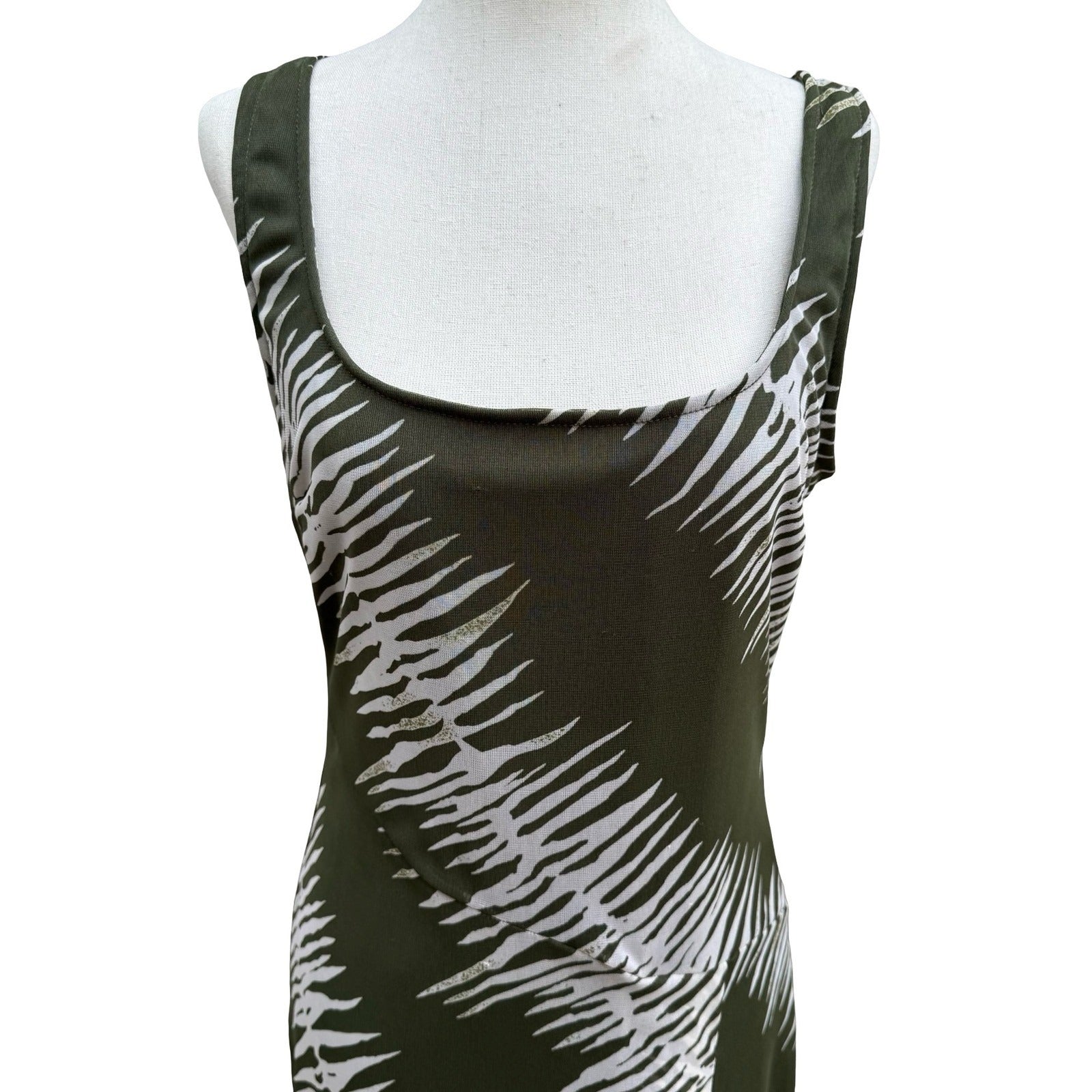 BCBG Y2K Minimalist Earthy Abstract Mesh Overlay Sleeveless Sheath Dress Olive S
