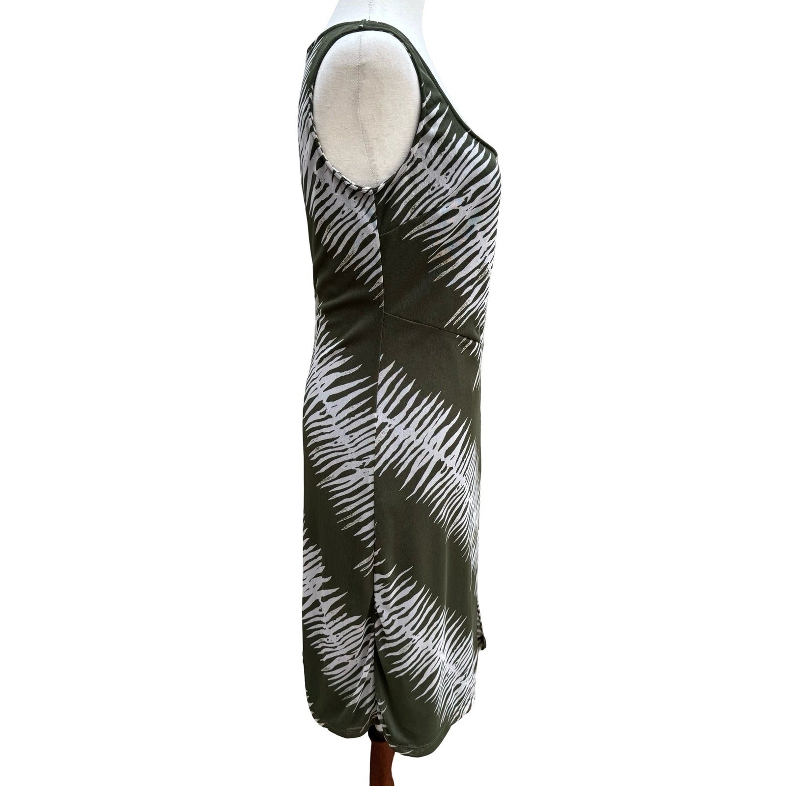 BCBG Y2K Minimalist Earthy Abstract Mesh Overlay Sleeveless Sheath Dress Olive S
