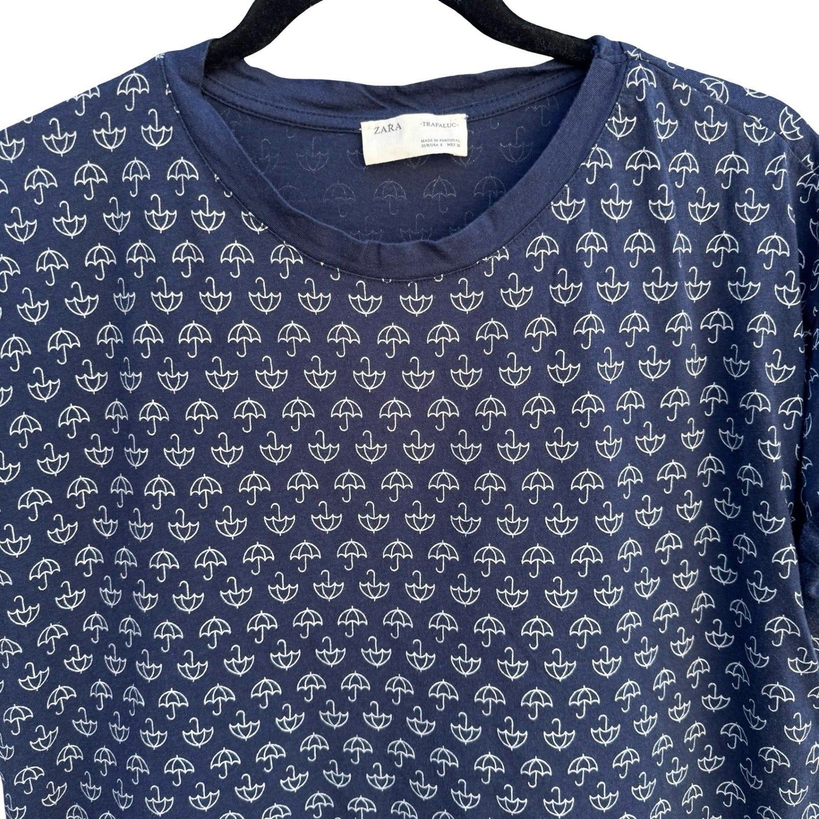Zara Trafaluc Womens Navy White Umbrella Print Cuffed Short Sleeve T-Shirt S
