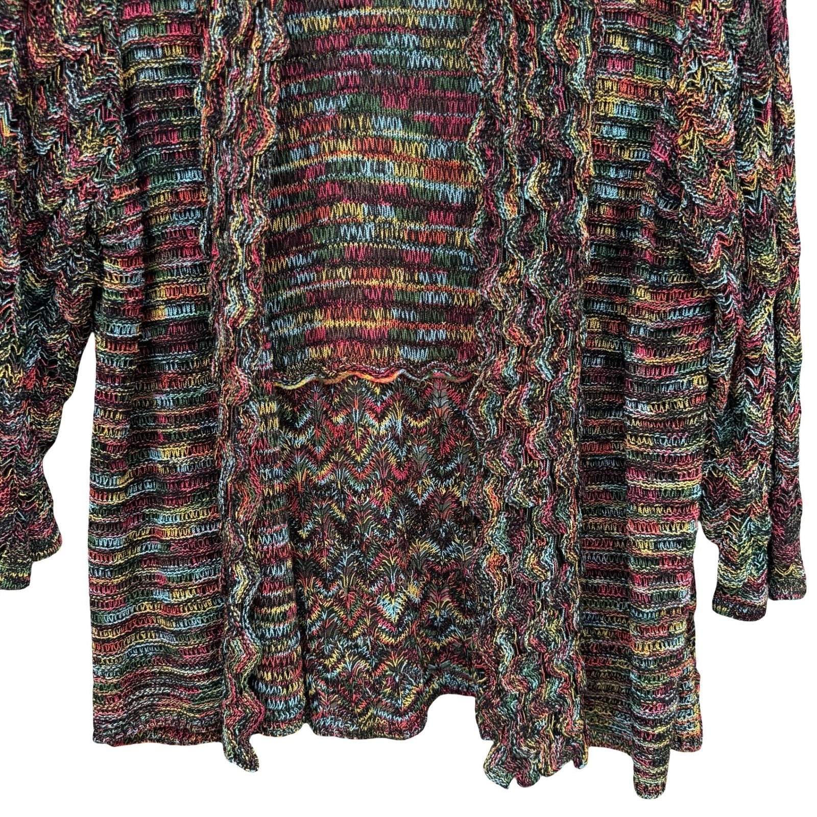Eclectic Boho Space Dye Open Front Knit Cardigan Shawl Collar Chevron Artsy L