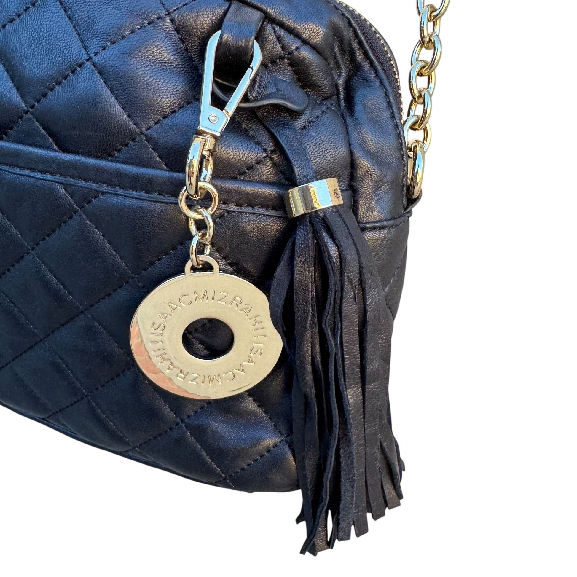 Isaac Mizrahi Black Quilted Leather Crossbody Bag Gold Chain Strap Tassel Accent