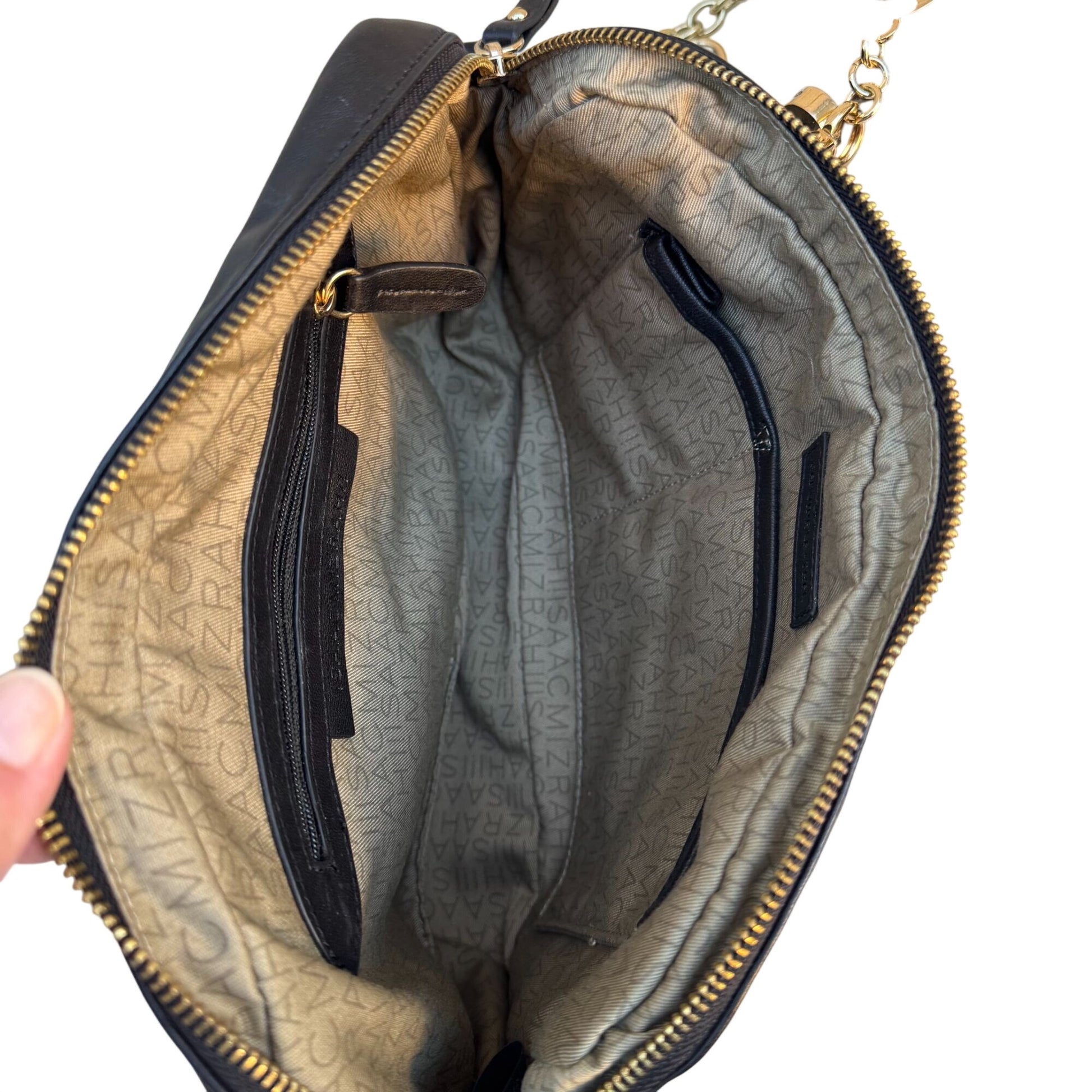 Isaac Mizrahi Black Quilted Leather Crossbody Bag Gold Chain Strap Tassel Accent