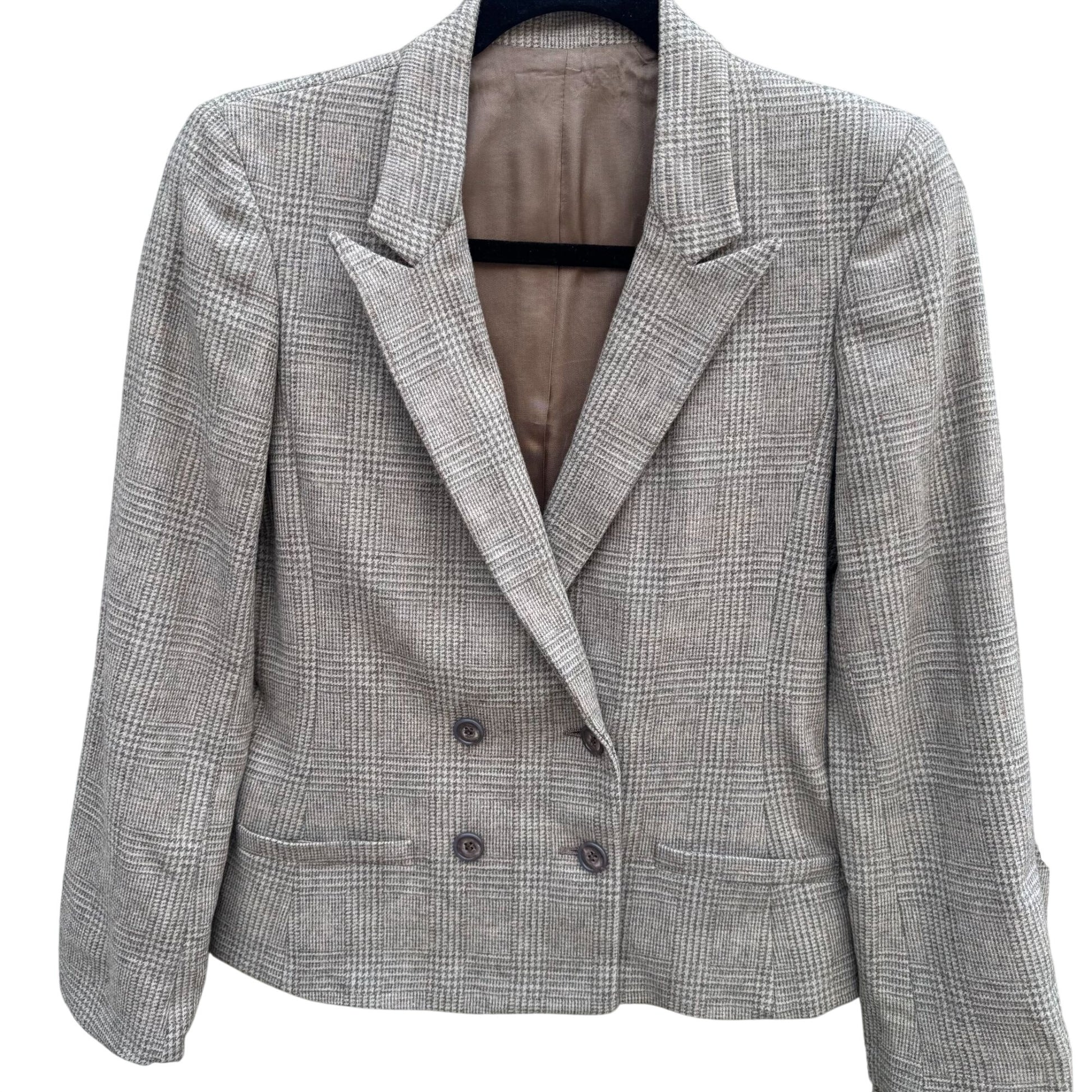 Newsport Vintage Womens Wool Plaid Double Breasted Blazer Jacket Pleated Skirt S