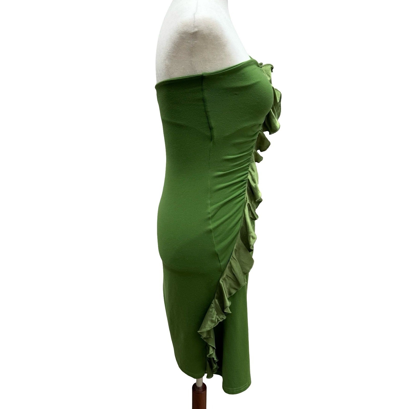 Susana Monaco Y2K Fairy Green Strapless Silk Ruffle Mini Dress Ruched Bodycon XS