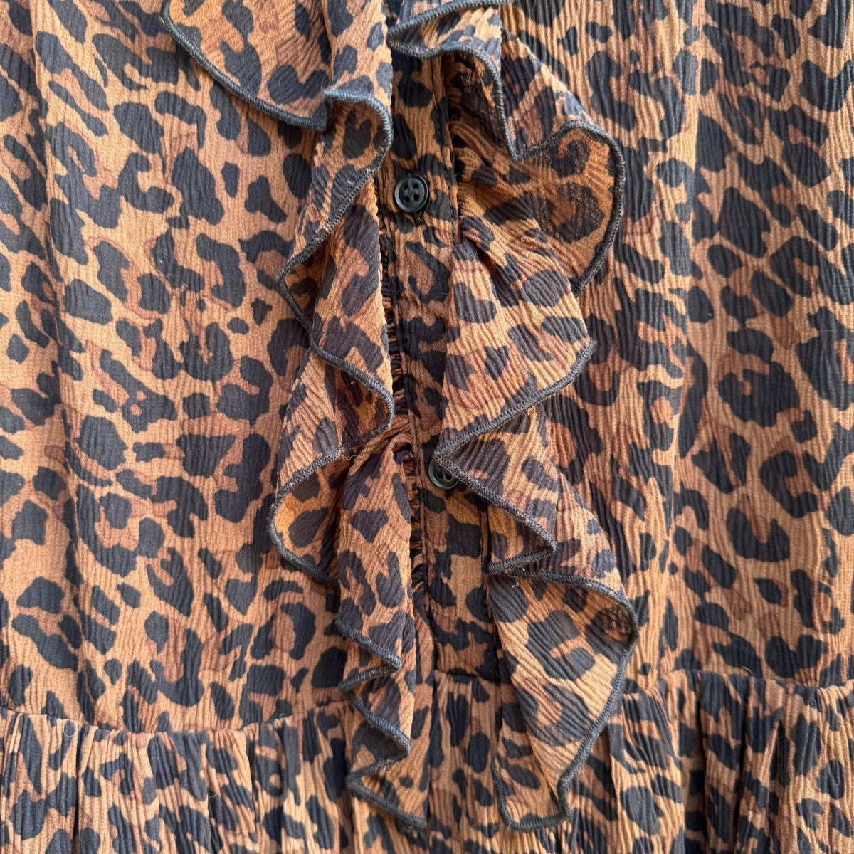 Zara Mob Wife Boho Sheer Ruffle Plisse Leopard Print Boho Midi Dress Brown XS