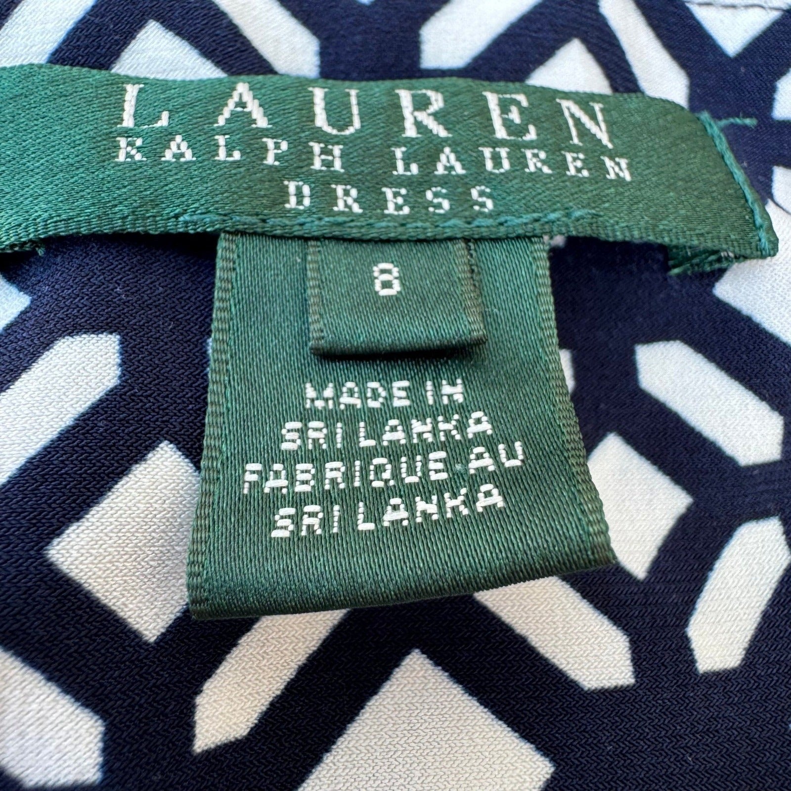 Lauren Ralph Lauren Navy Geometric Faux Wrap Sheath Dress 3/4 Sleeve 8 Mod Party