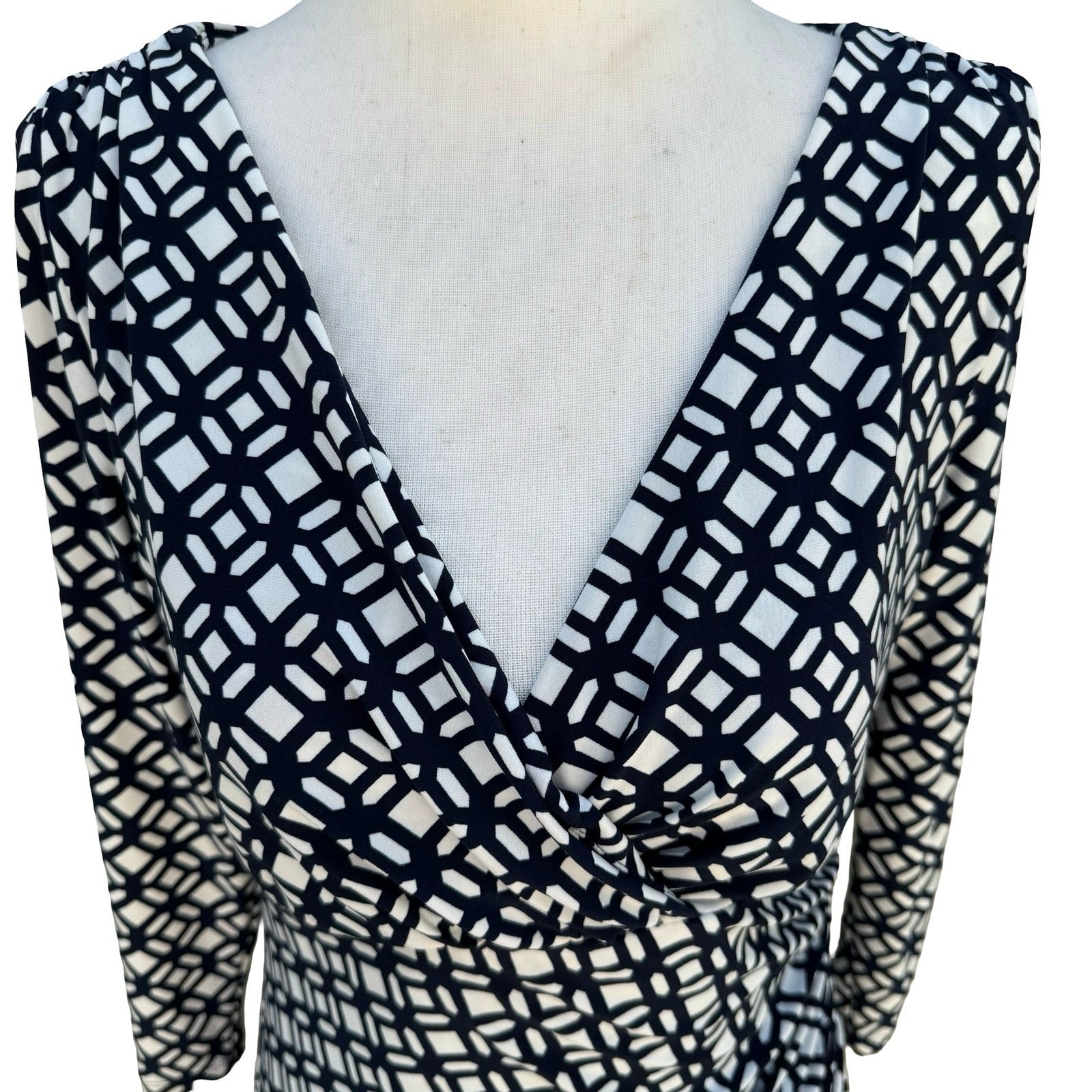 Lauren Ralph Lauren Navy Geometric Faux Wrap Sheath Dress 3/4 Sleeve 8 Mod Party