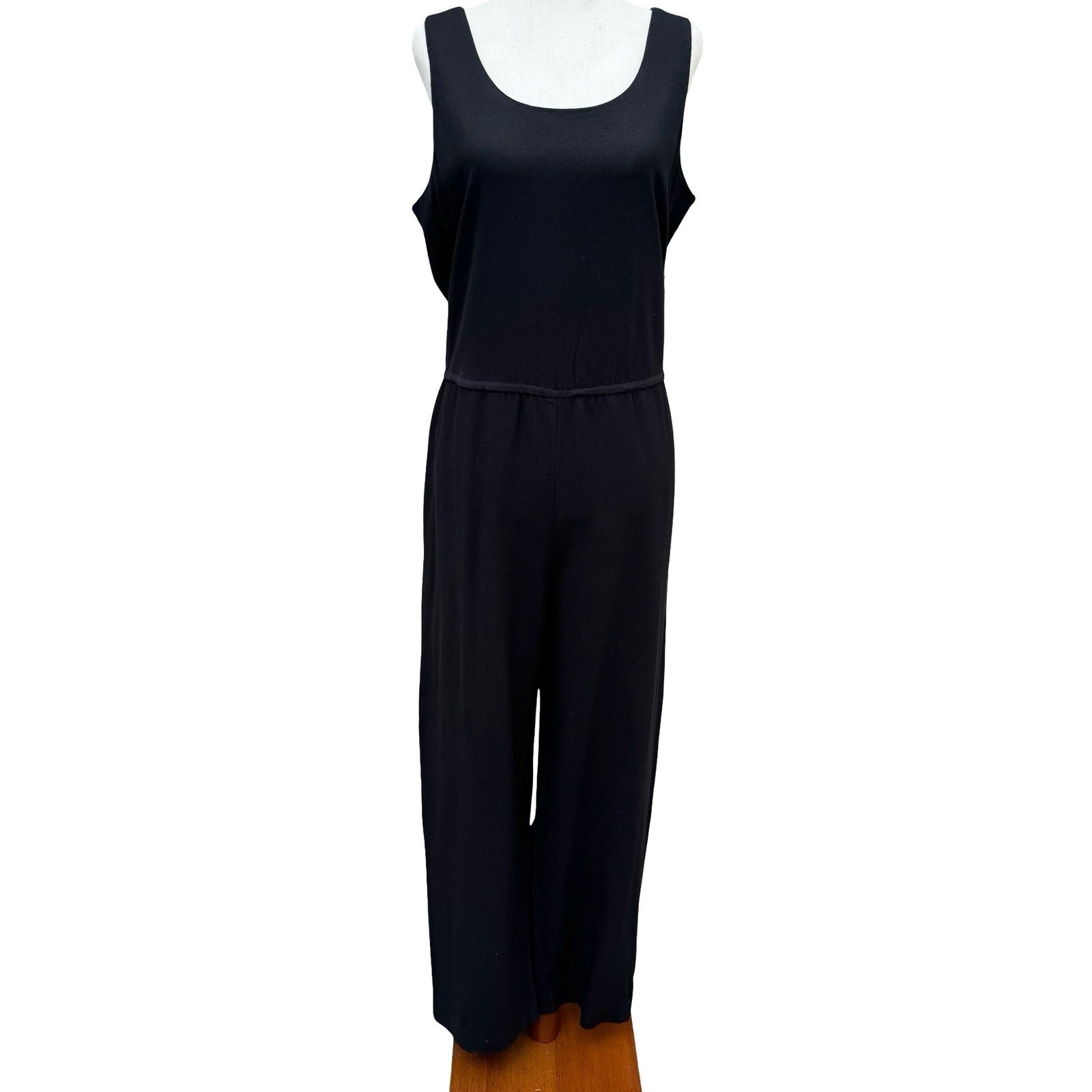 Virgo Vintage Black Sleeveless Jumpsuit Size 12P Elastic Waist Wide Leg Pockets
