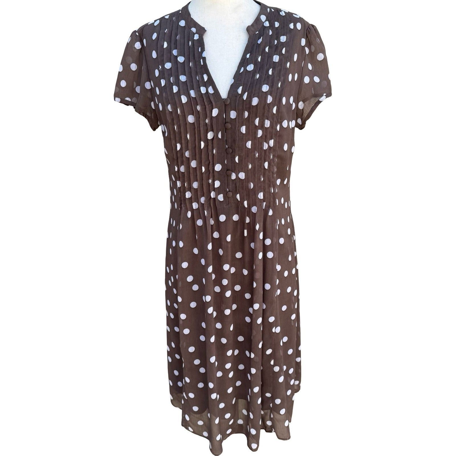 JBS Y2K Brown Polka Dot Pintuck Retro Mod V-Neck Dress Size 8 Feminine Pinup