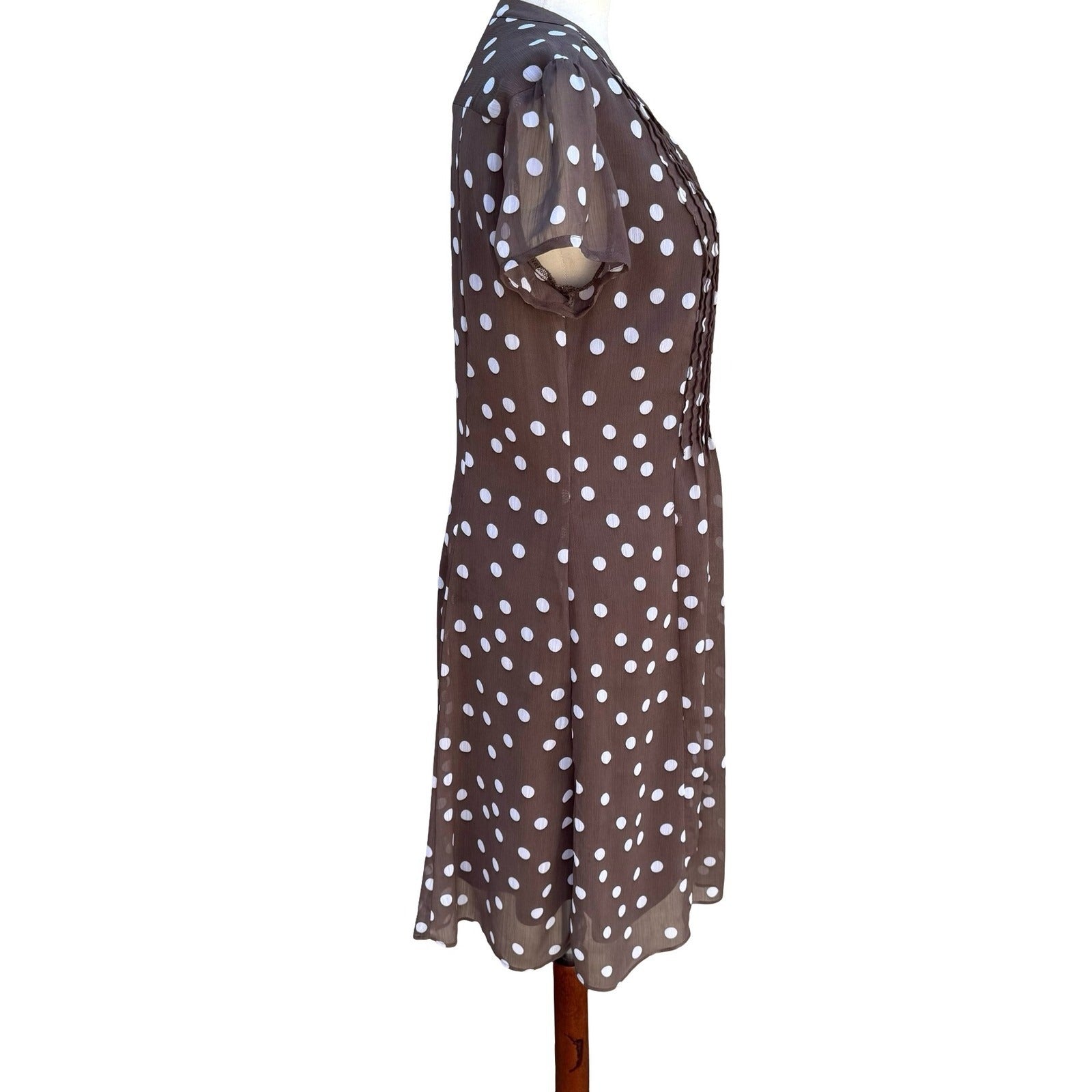JBS Y2K Brown Polka Dot Pintuck Retro Mod V-Neck Dress Size 8 Feminine Pinup